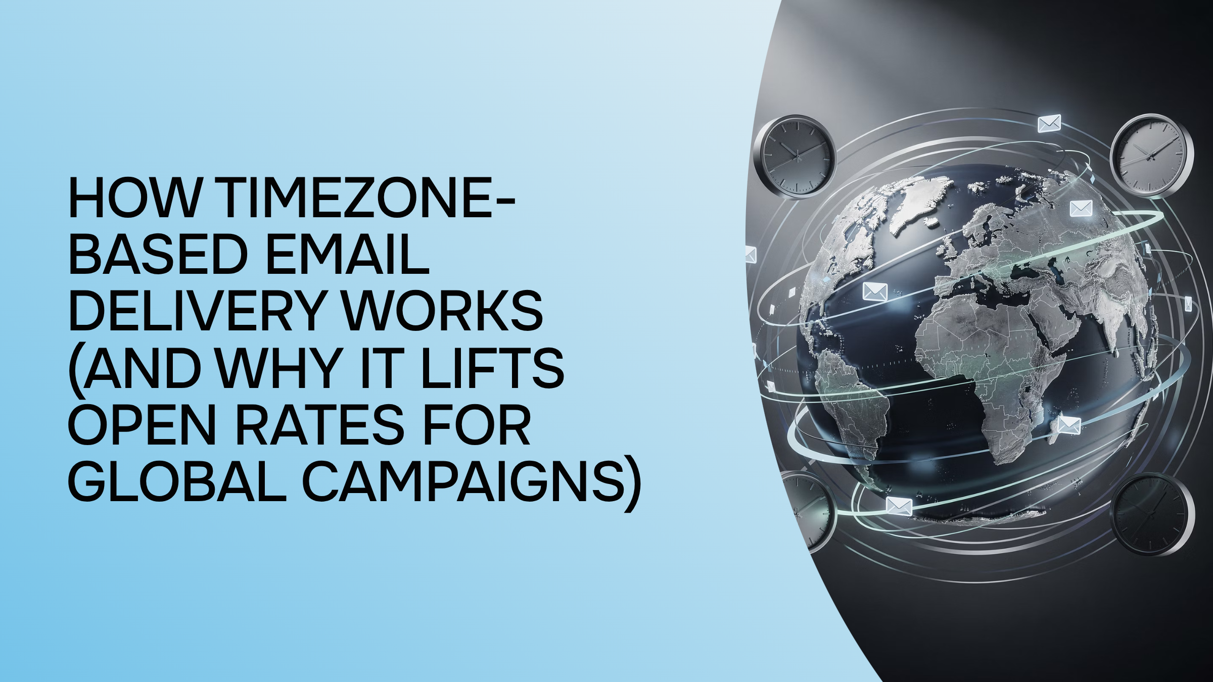 Global timezone network visualization with interconnected nodes, envelope icon, and world map in professional blues and silver