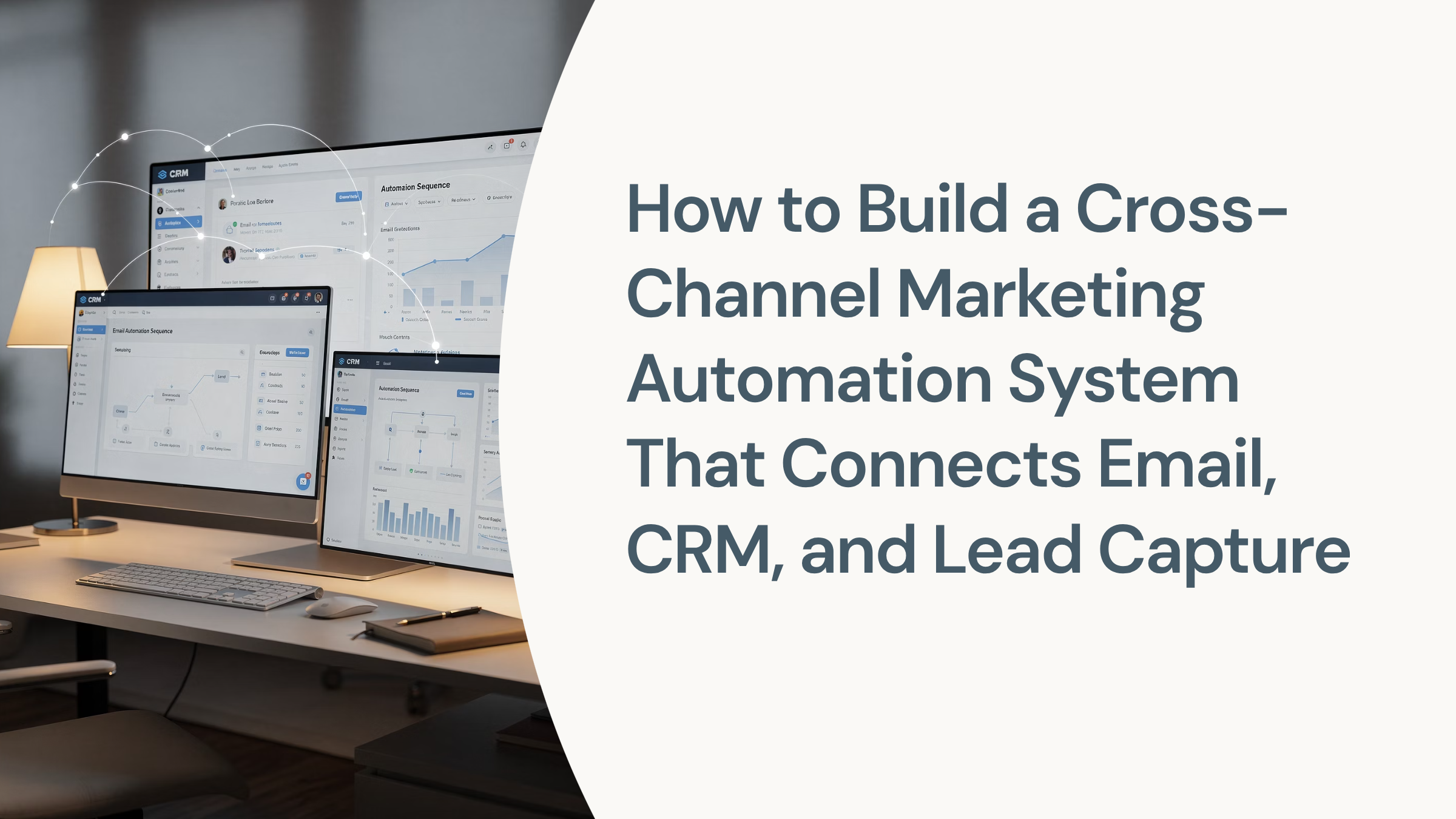 Abstract 3D illustration of interconnected marketing automation systems linking email, CRM, and lead capture channels with data streams