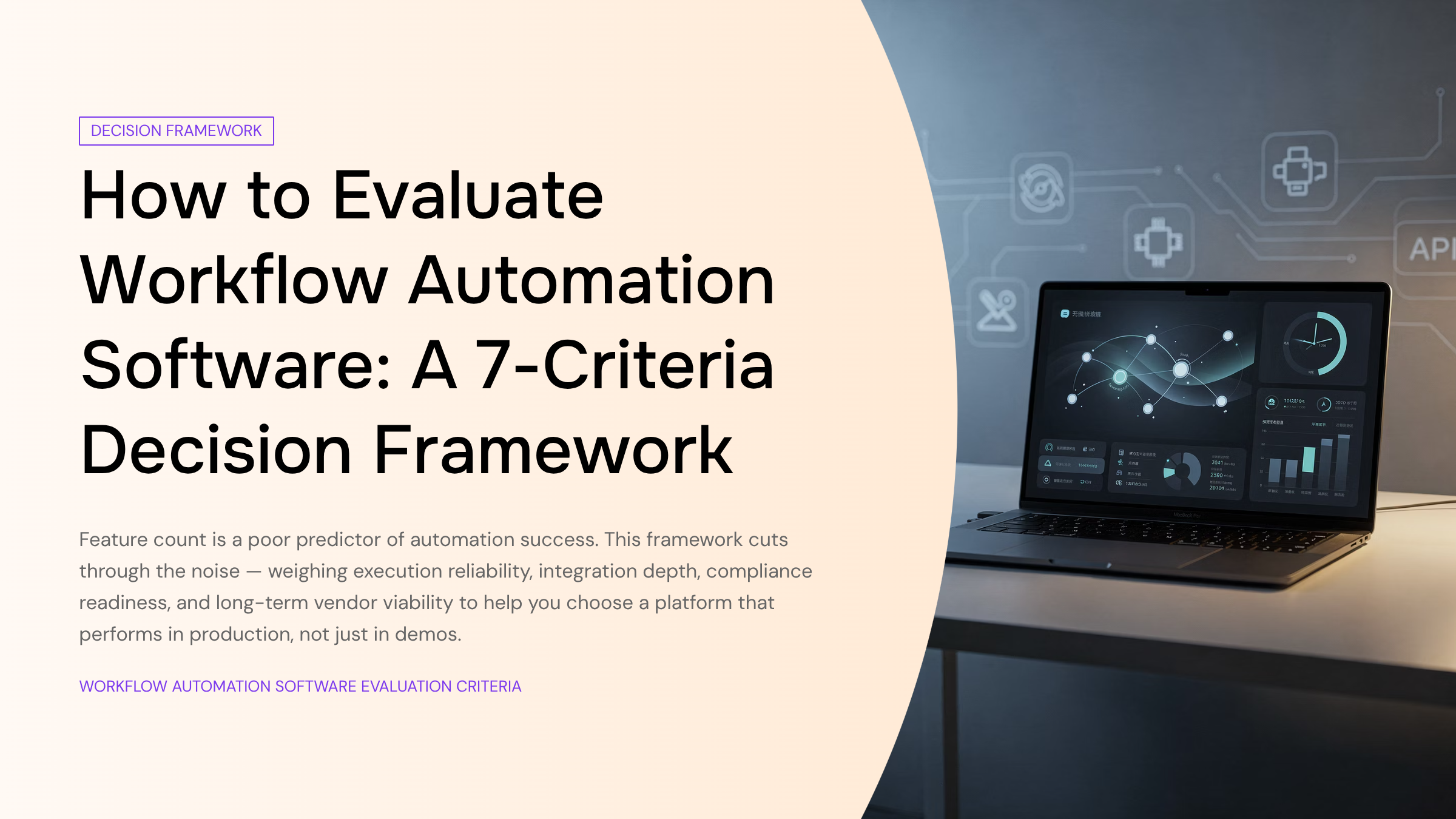Minimalist 3D workflow automation dashboard with seven connected criteria nodes and flowing data visualization
