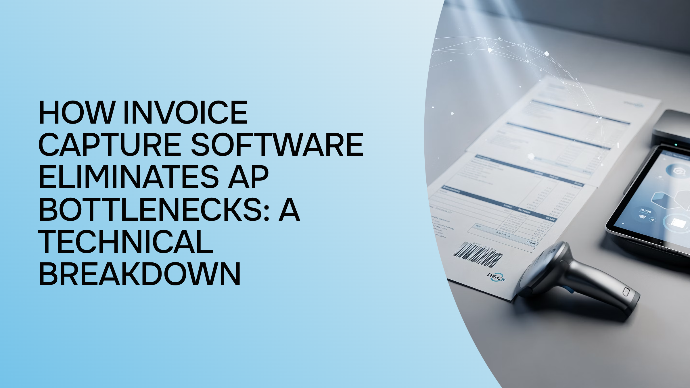 Digital invoice automation workflow with flowing documents and data streams in modern 3D render