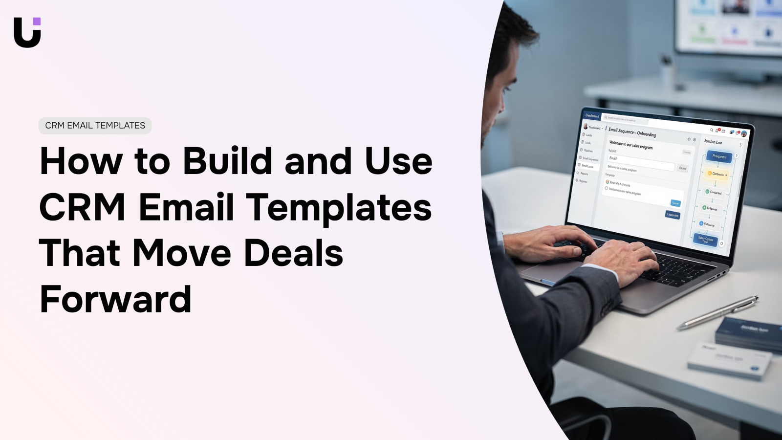 Professional CRM email template interface on desktop monitor with organized workspace and business elements