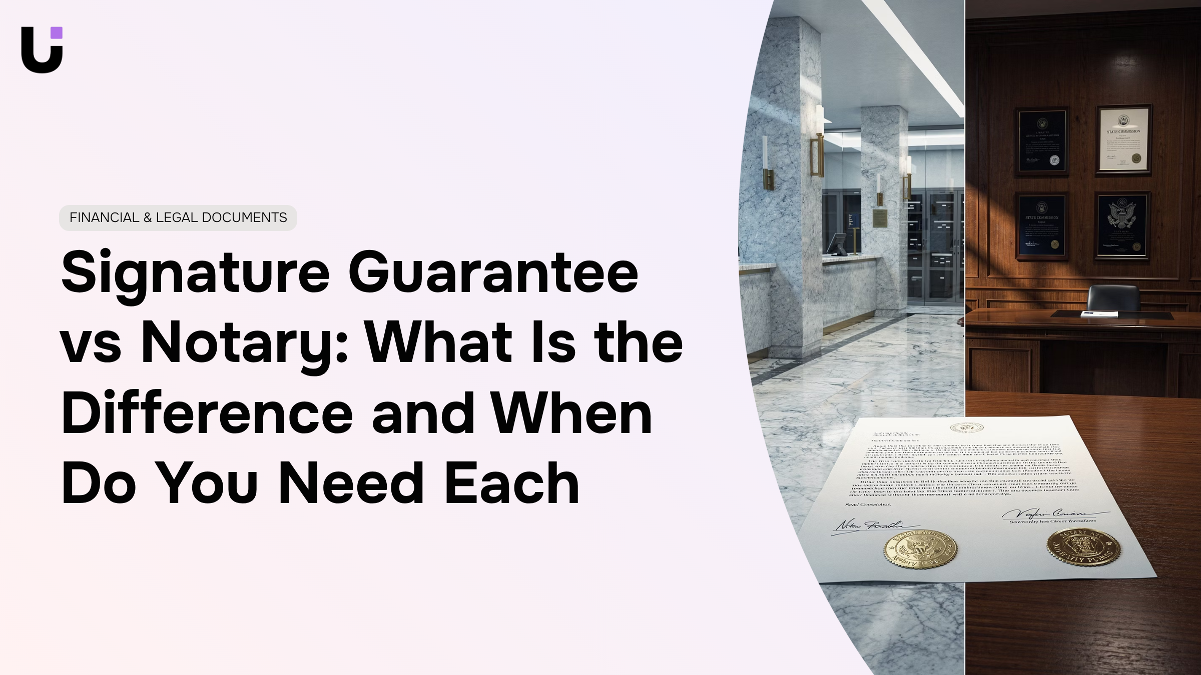 Professional office desk comparing notary stamp and signature guarantee certificate documents with verification tools