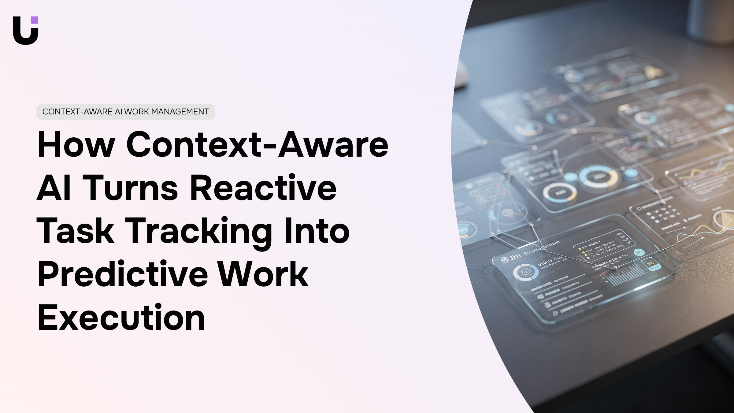Abstract 3D visualization of AI-powered predictive work management with interconnected nodes and data flows in blue and silver tones