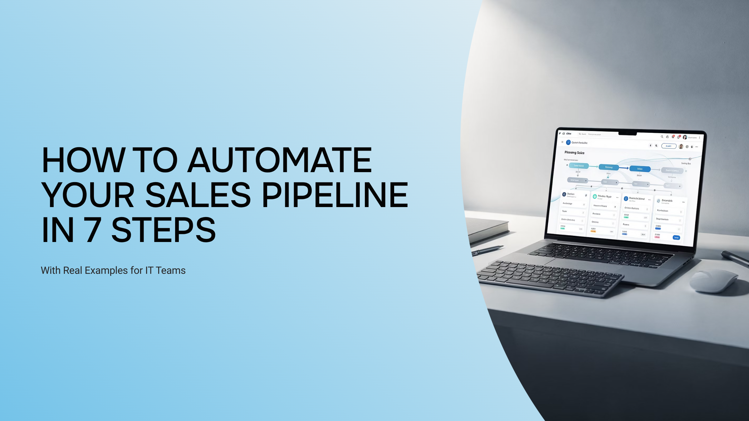 Automated sales pipeline visualization with interconnected workflow diagrams on corporate monitors representing IT team efficiency