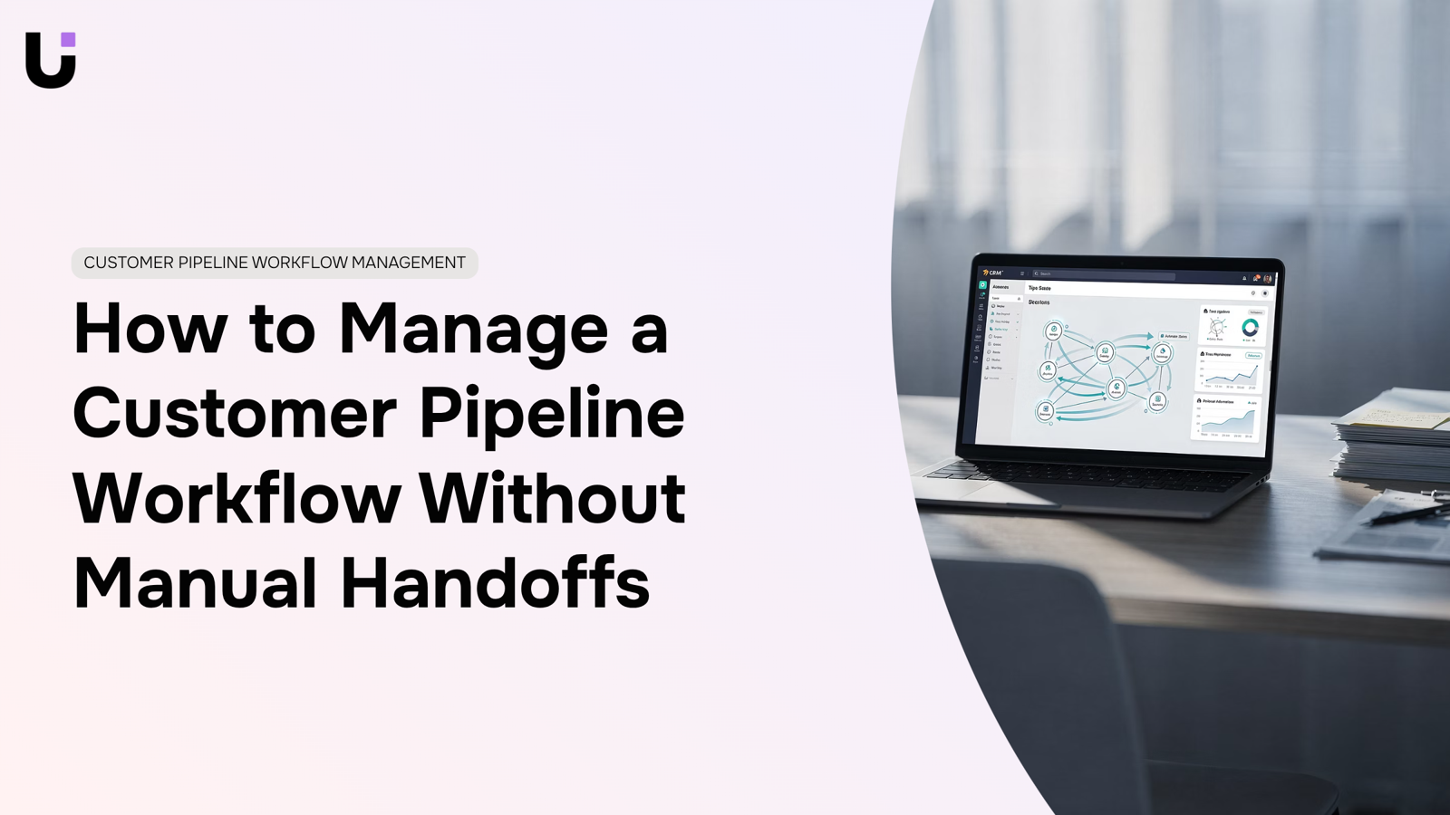 Automated customer pipeline workflow visualization with flowing blue nodes and connected pathways on gradient background