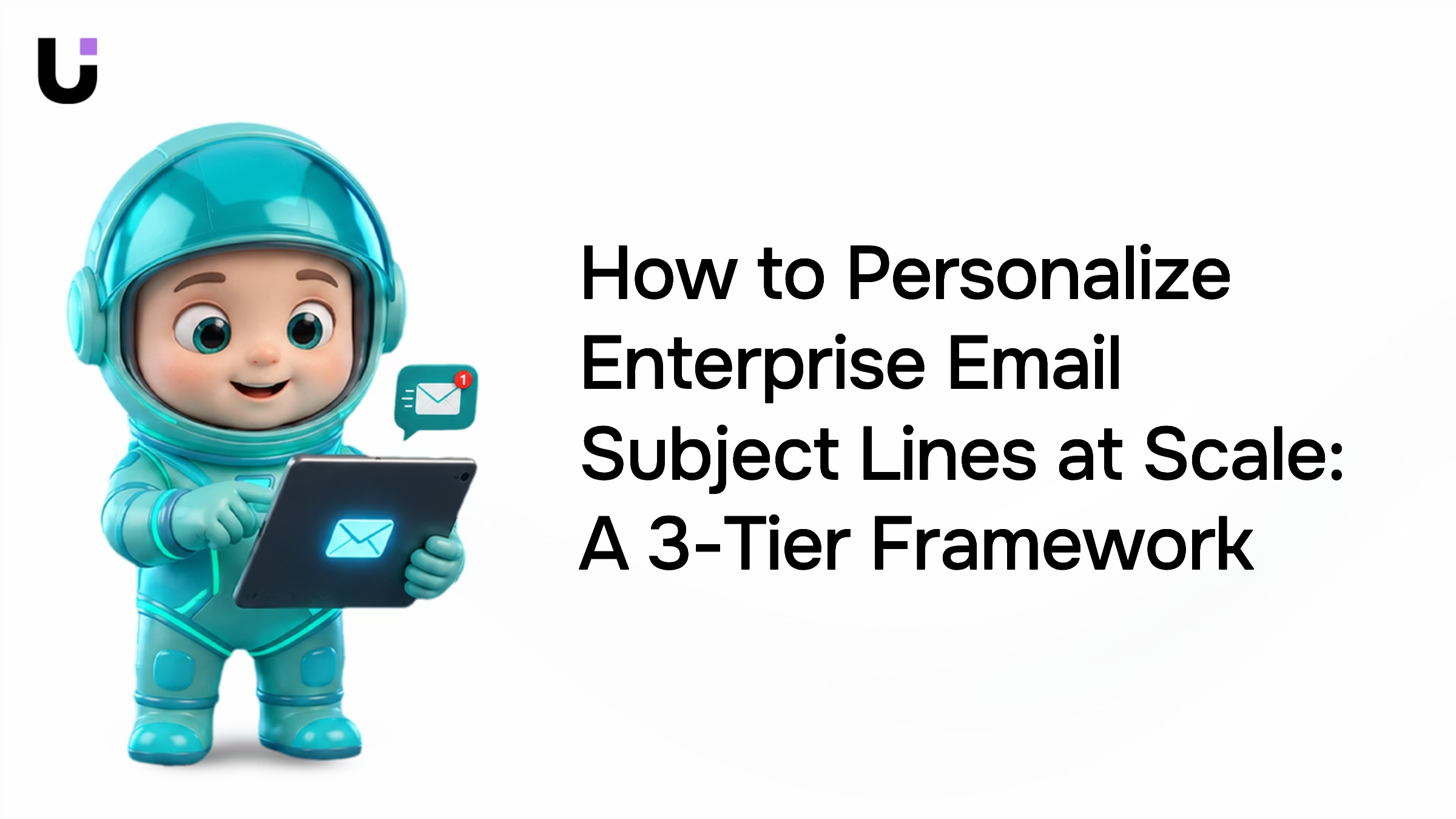 Modern 3D digital interface showing three-tier personalized email subject line framework with layered templates and data visualization