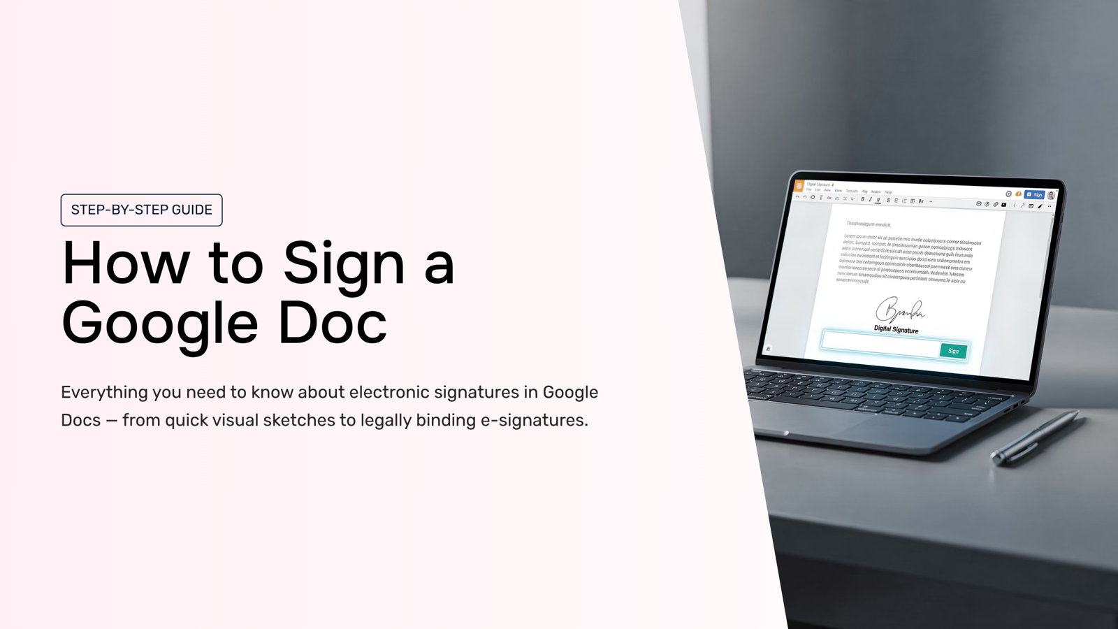 Digital workspace showing Google Doc signature field with cursor and professional blue accents, modern corporate aesthetic