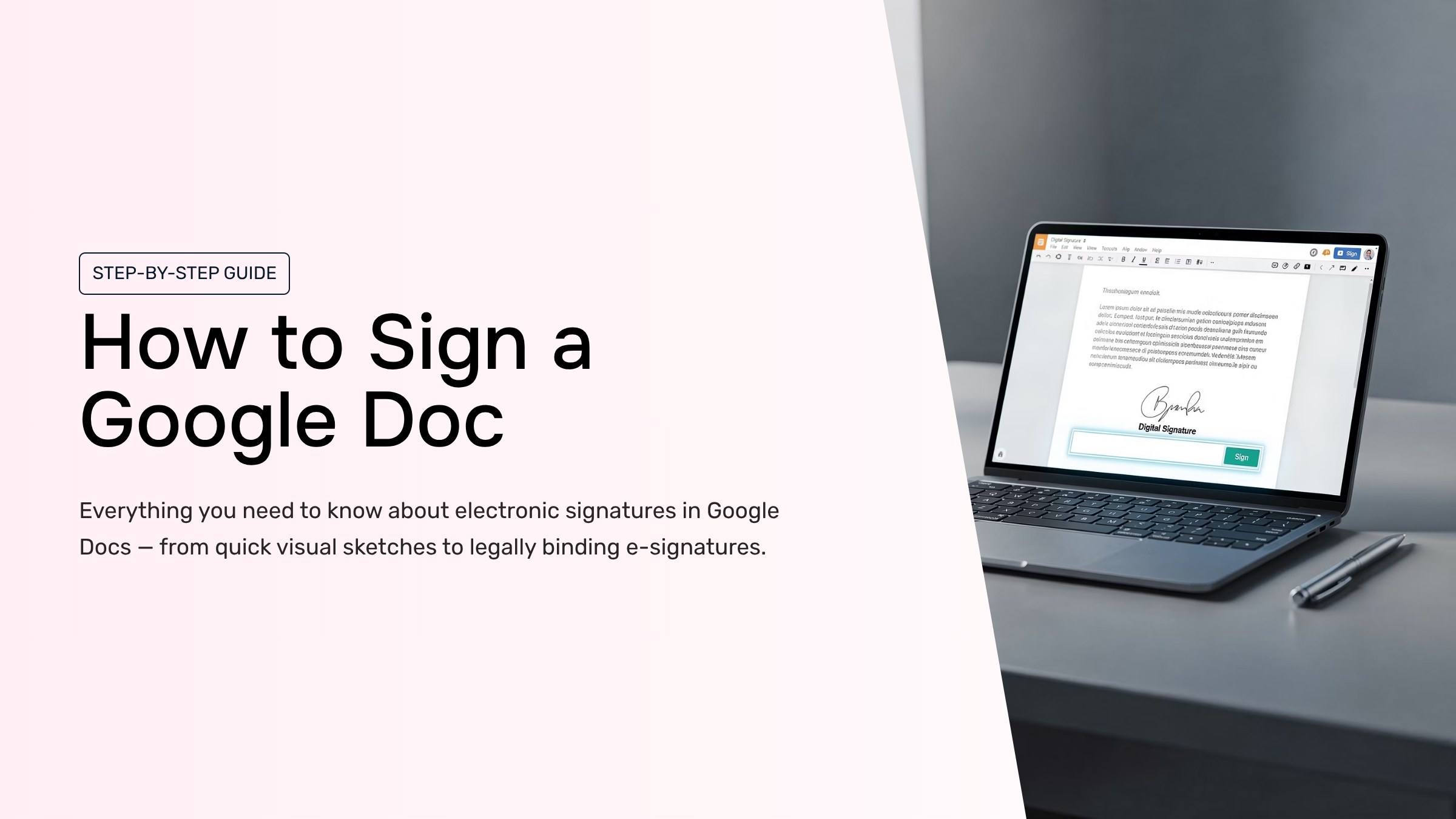 Digital workspace showing Google Doc signature field with cursor and professional blue accents, modern corporate aesthetic