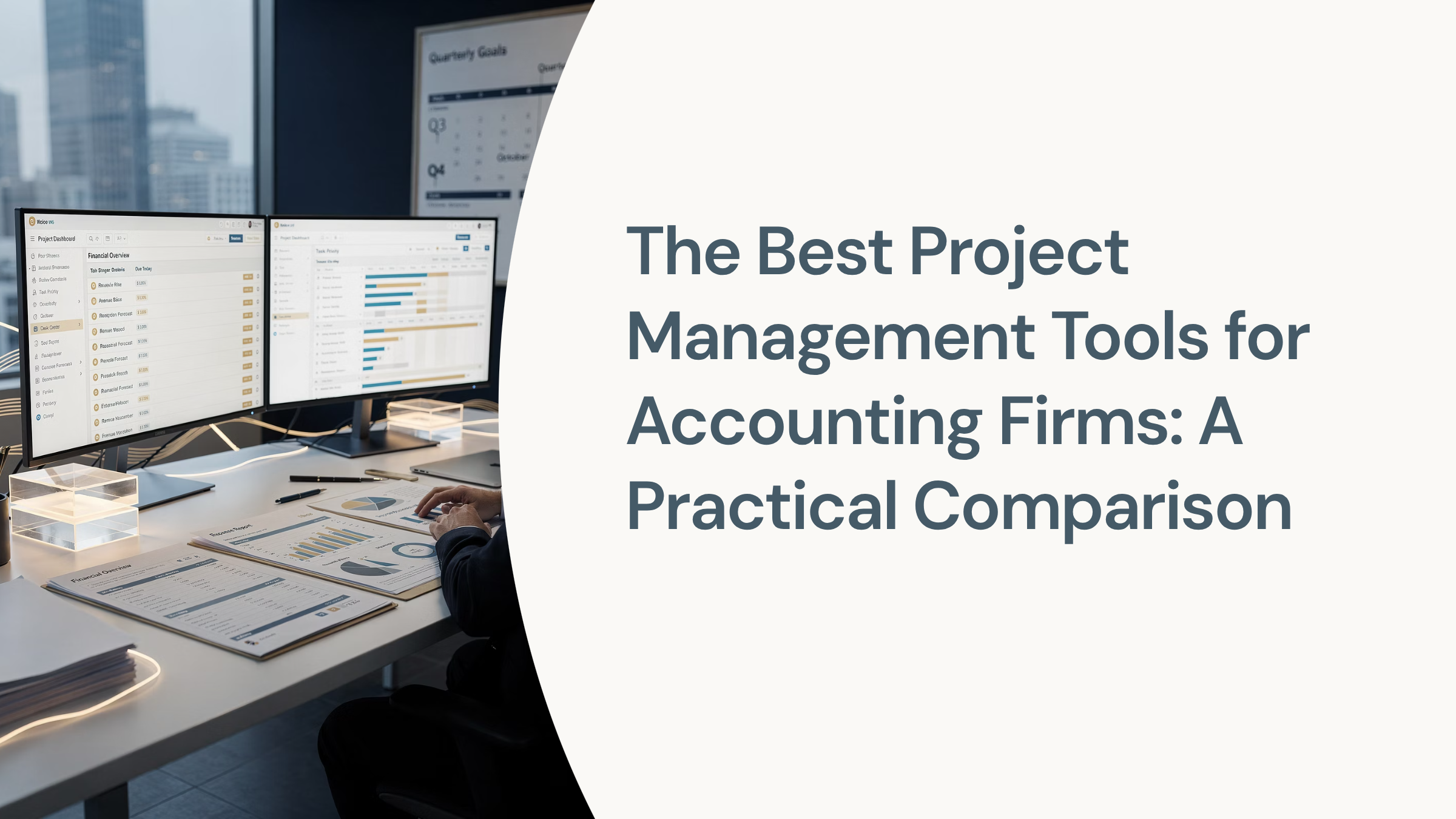 Organized accounting workspace with project management dashboards on monitors, representing professional accounting firm tools