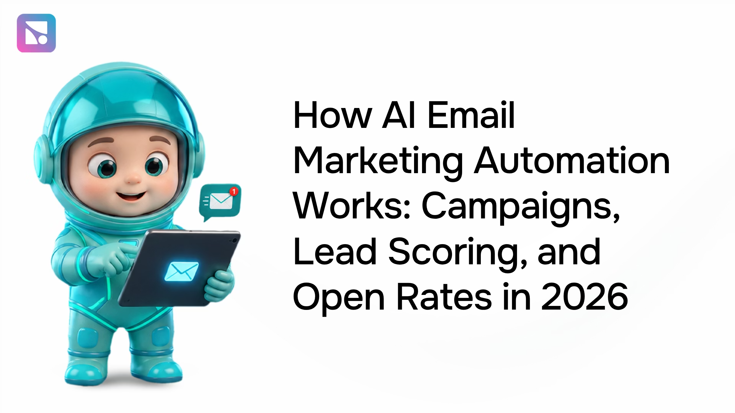 Modern 3D visualization of AI email marketing automation with glowing envelope, data streams, and analytics dashboards in blue and silver tones