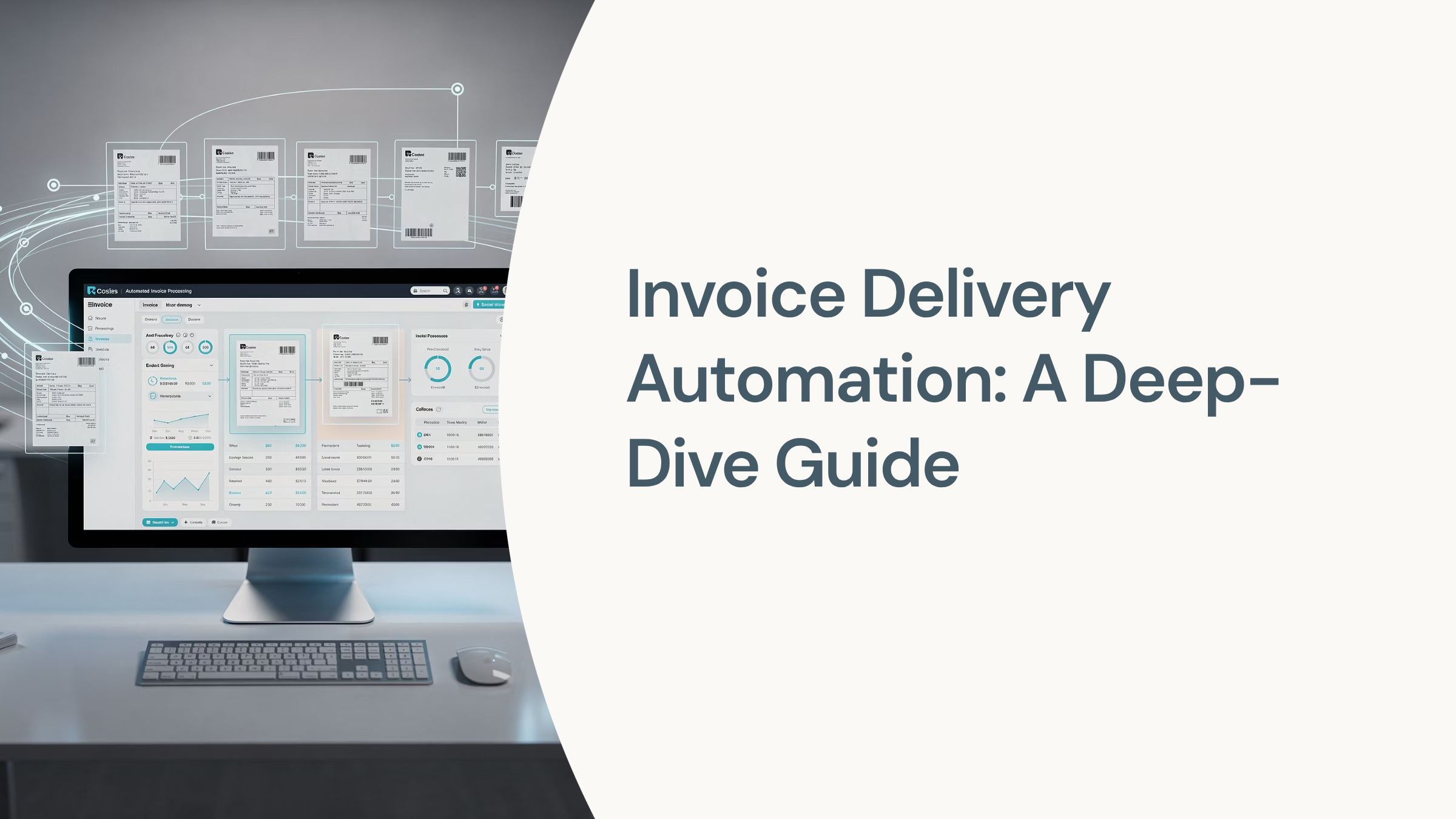 Digital dashboard showing automated invoice delivery workflow with interconnected processing nodes and data flow visualization