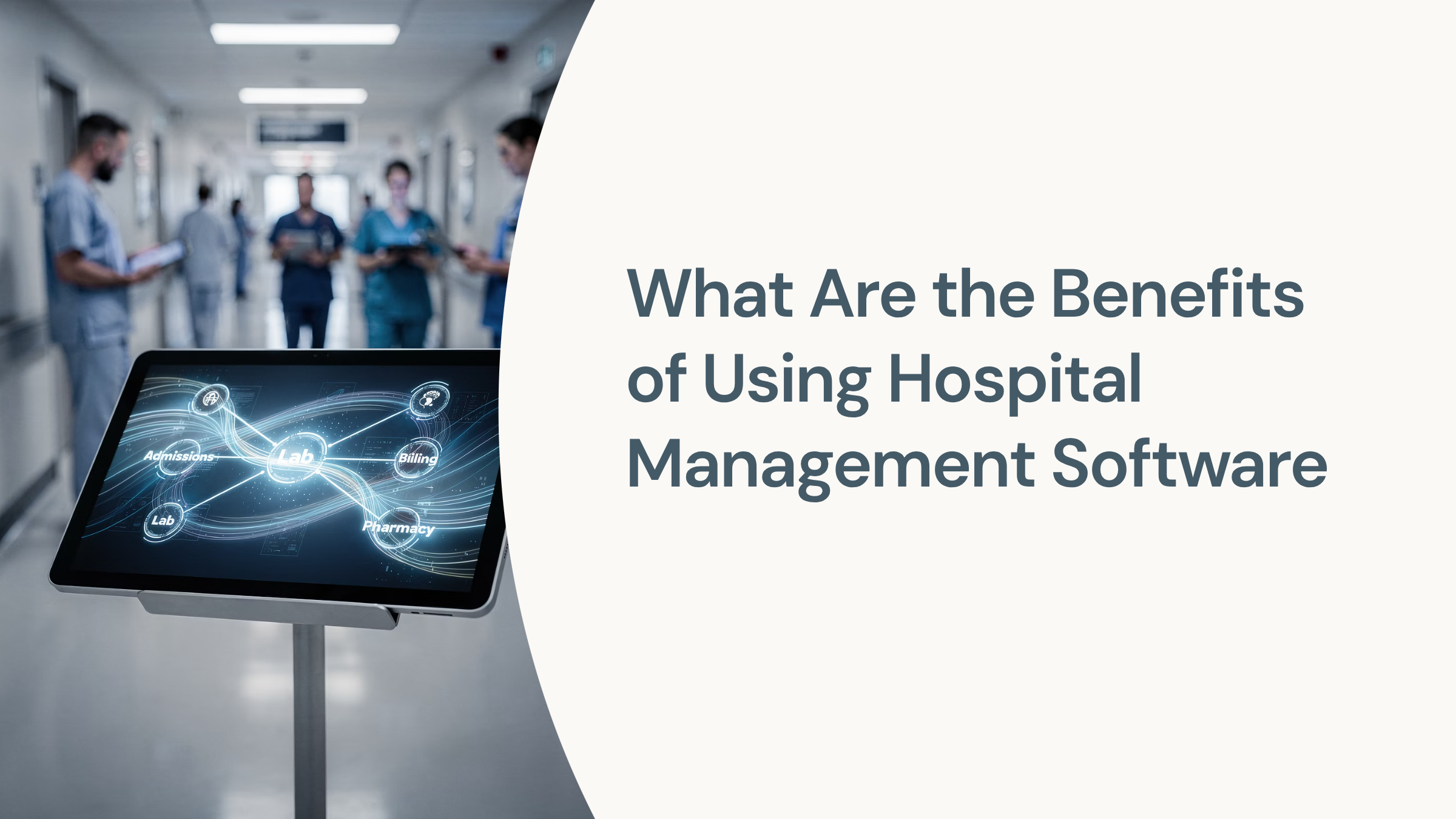 Modern hospital management software interface displayed on digital screens in clean, contemporary medical facility corridor