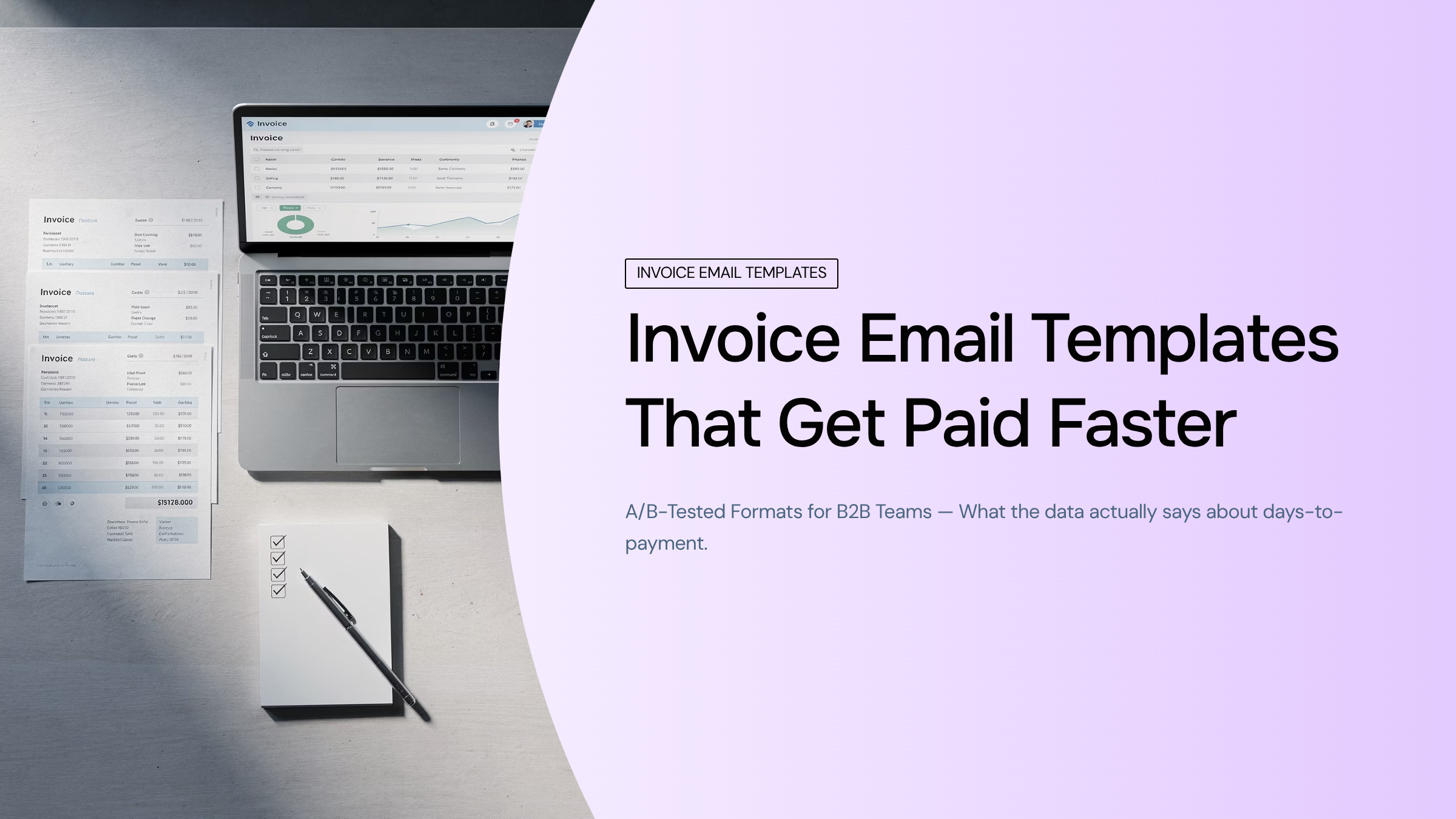 Professional desk workspace displaying invoice email template on laptop screen with clean design and blue accents