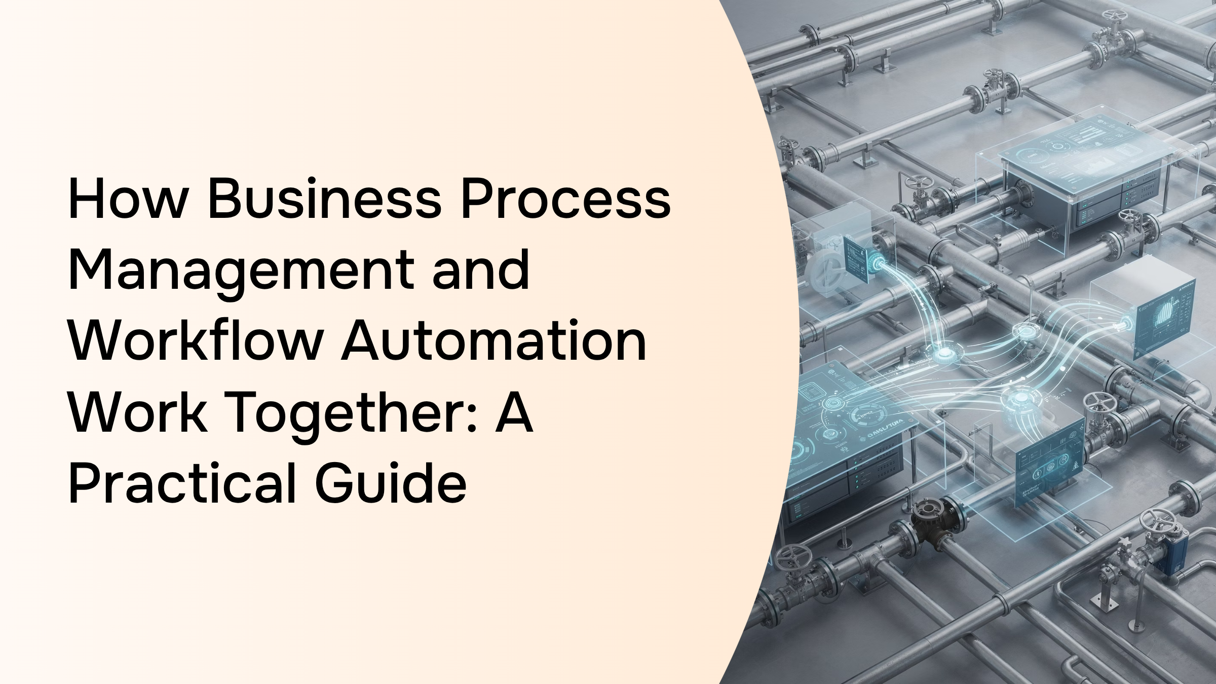 Abstract digital workflow automation connecting business processes with flowing nodes and data streams in professional blue and gray tones