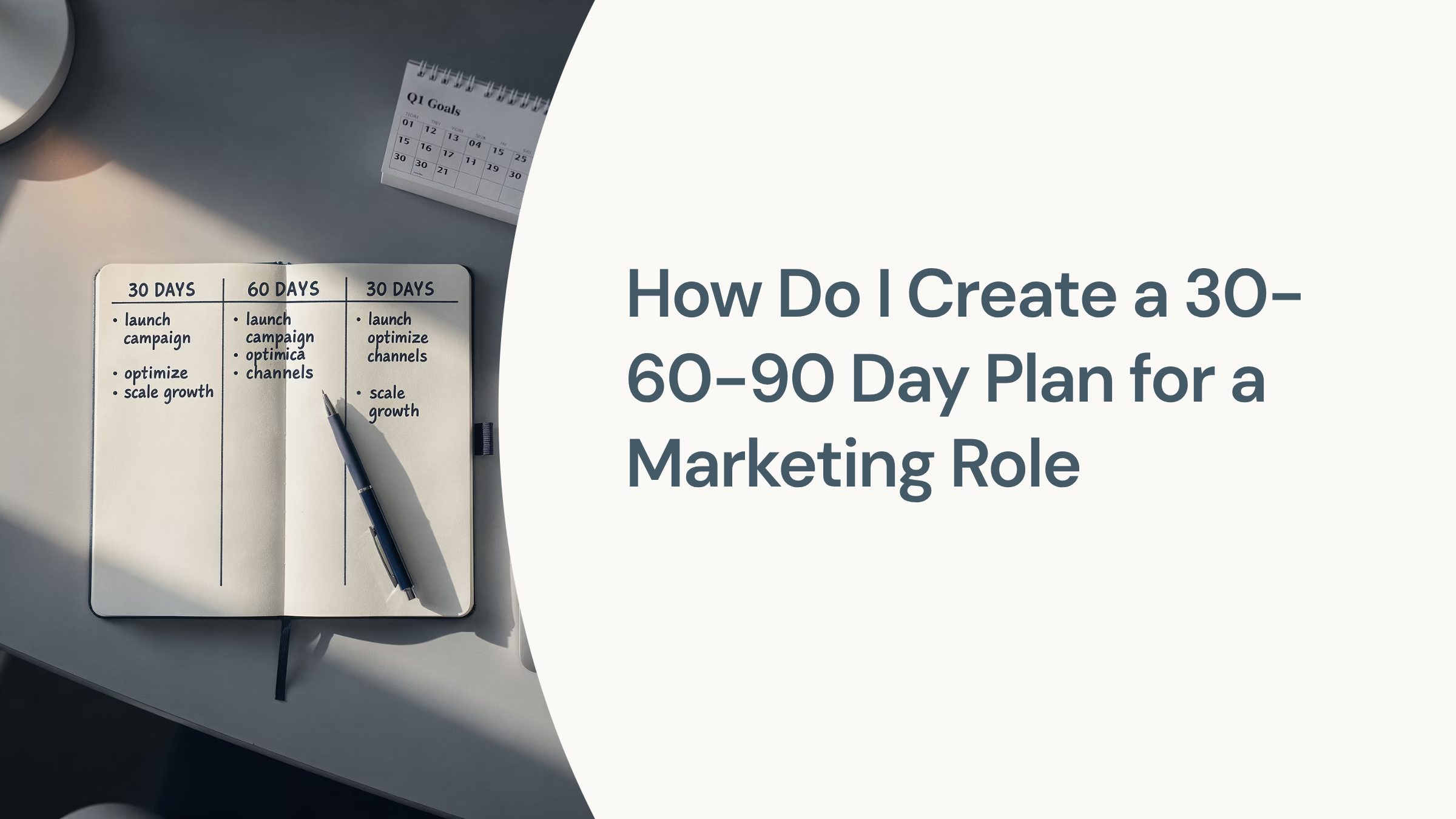 Professional workspace with laptop and 30-60-90 day plan timeline visualization on desk