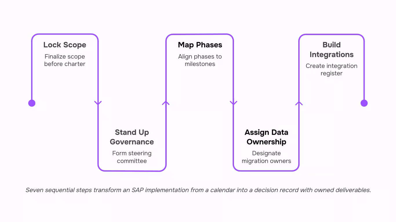 Clean 3D project timeline visualization with structured phases and milestones in professional grays and blues