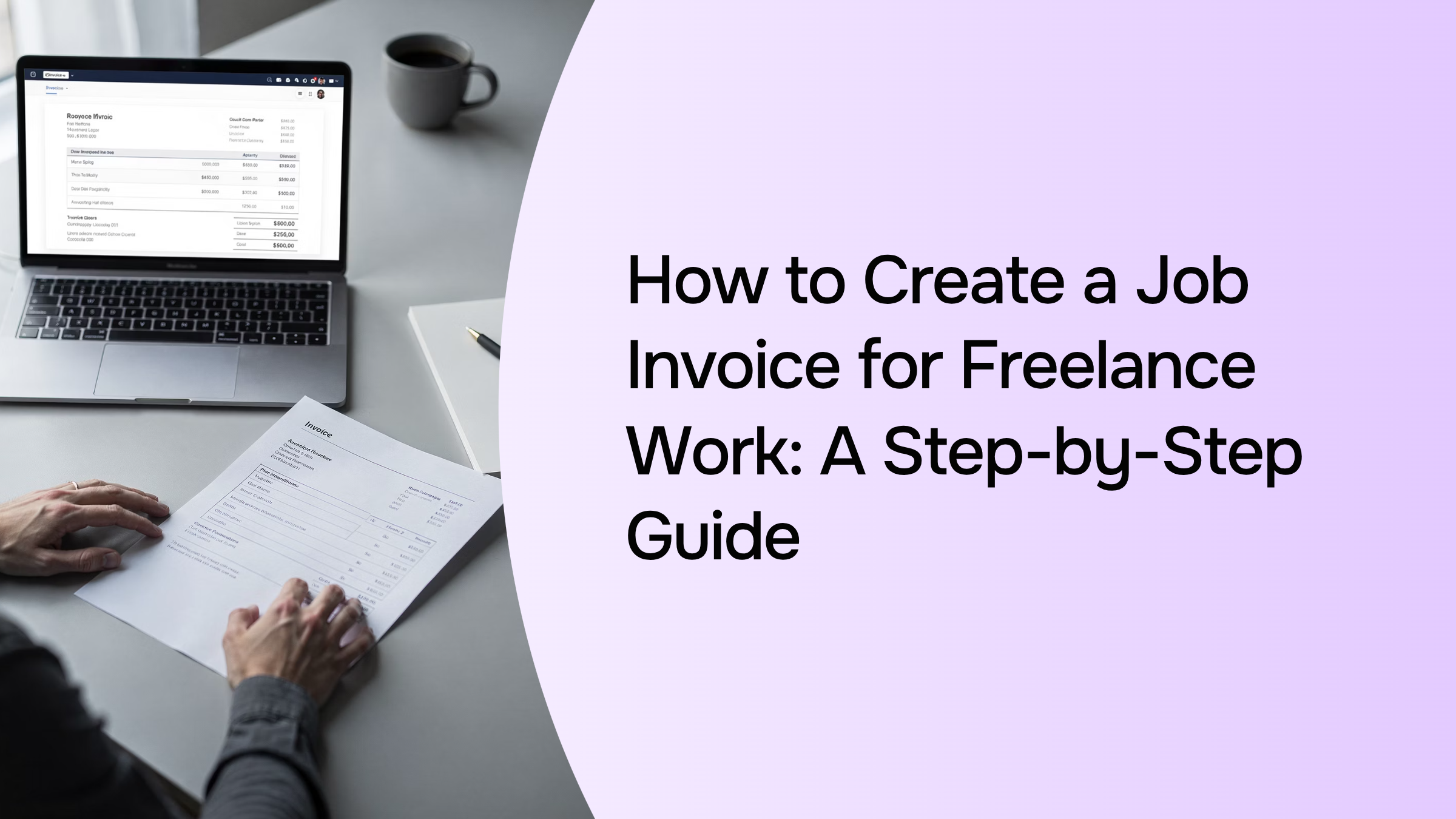 Professional desk workspace with laptop displaying organized invoice template, representing freelance billing and job invoicing