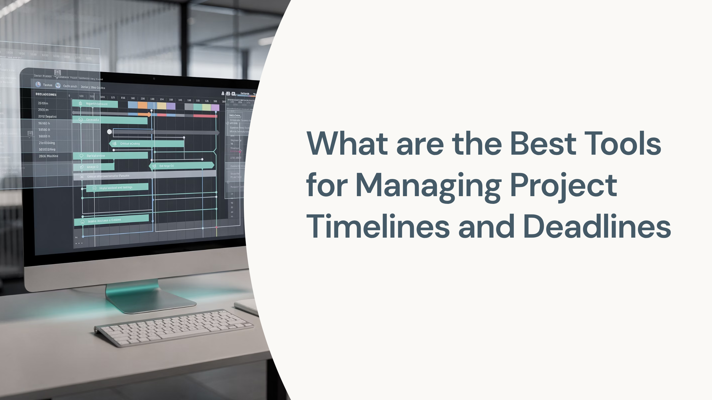 Professional workspace with laptop, planner, and tablet displaying project timeline tools and Gantt charts for deadline management