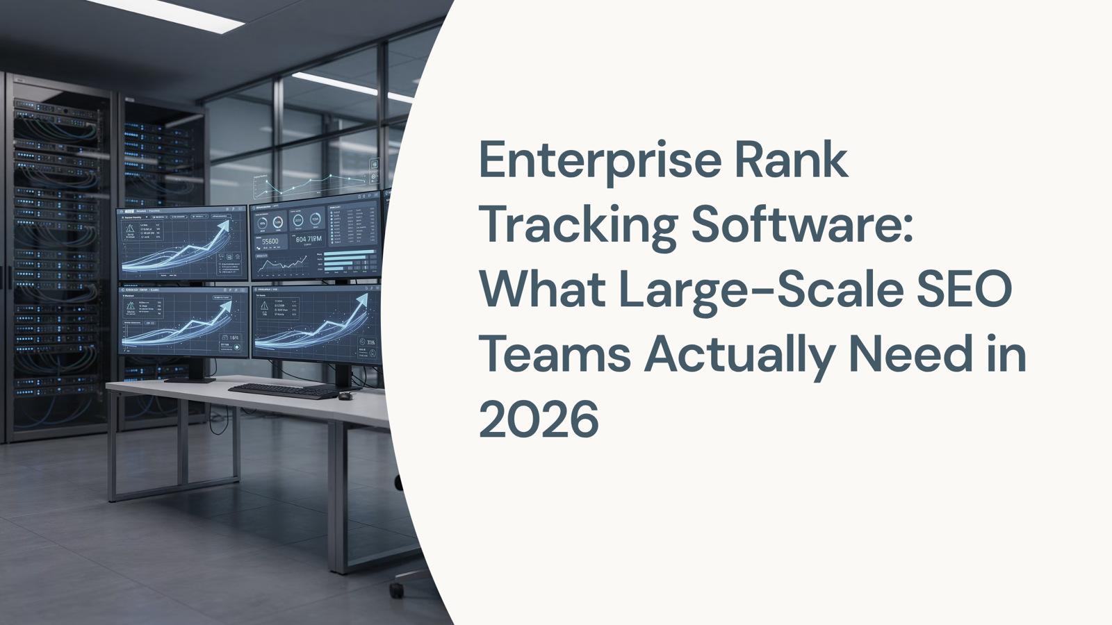 Enterprise rank tracking software dashboard displayed on modern monitors with analytics graphs and performance metrics
