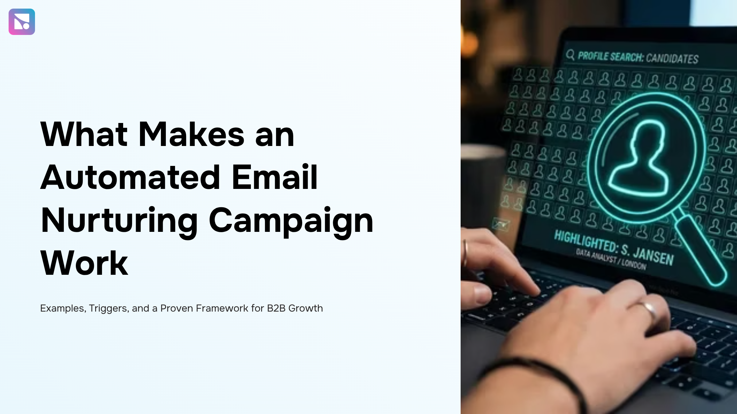 Automated email nurturing campaign workflow visualization with monitor, data nodes, and professional 3D design elements
