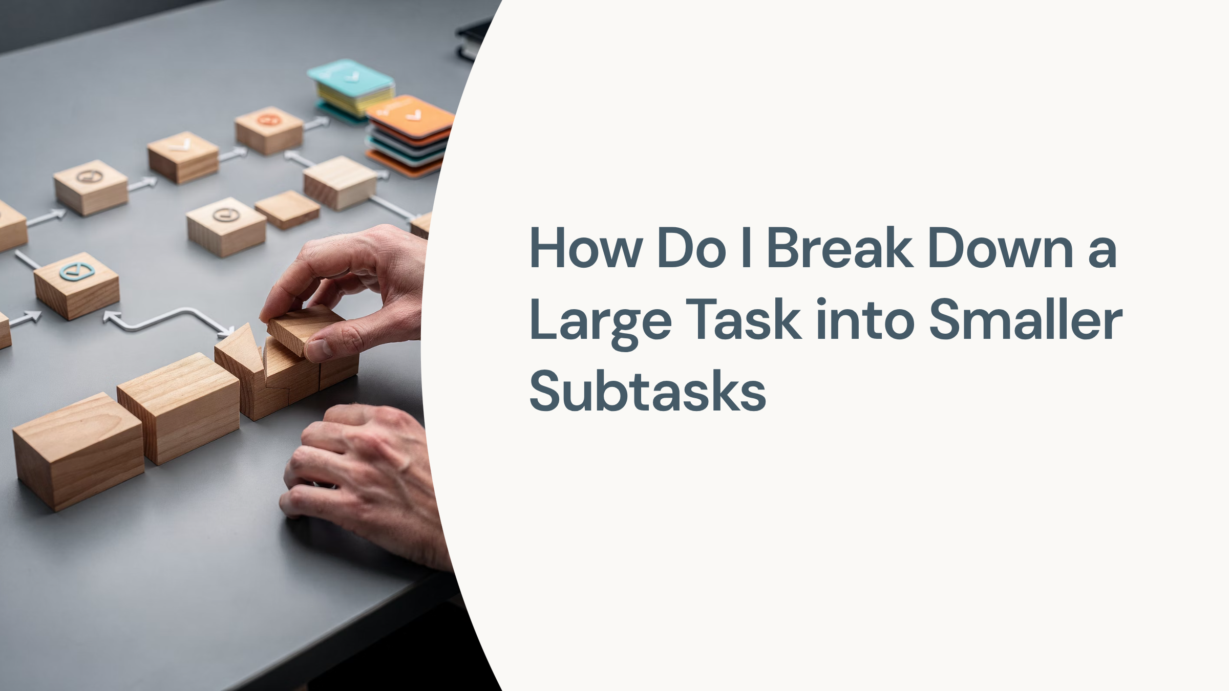 Abstract 3D geometric cubes breaking down into smaller pieces, representing task decomposition and organization