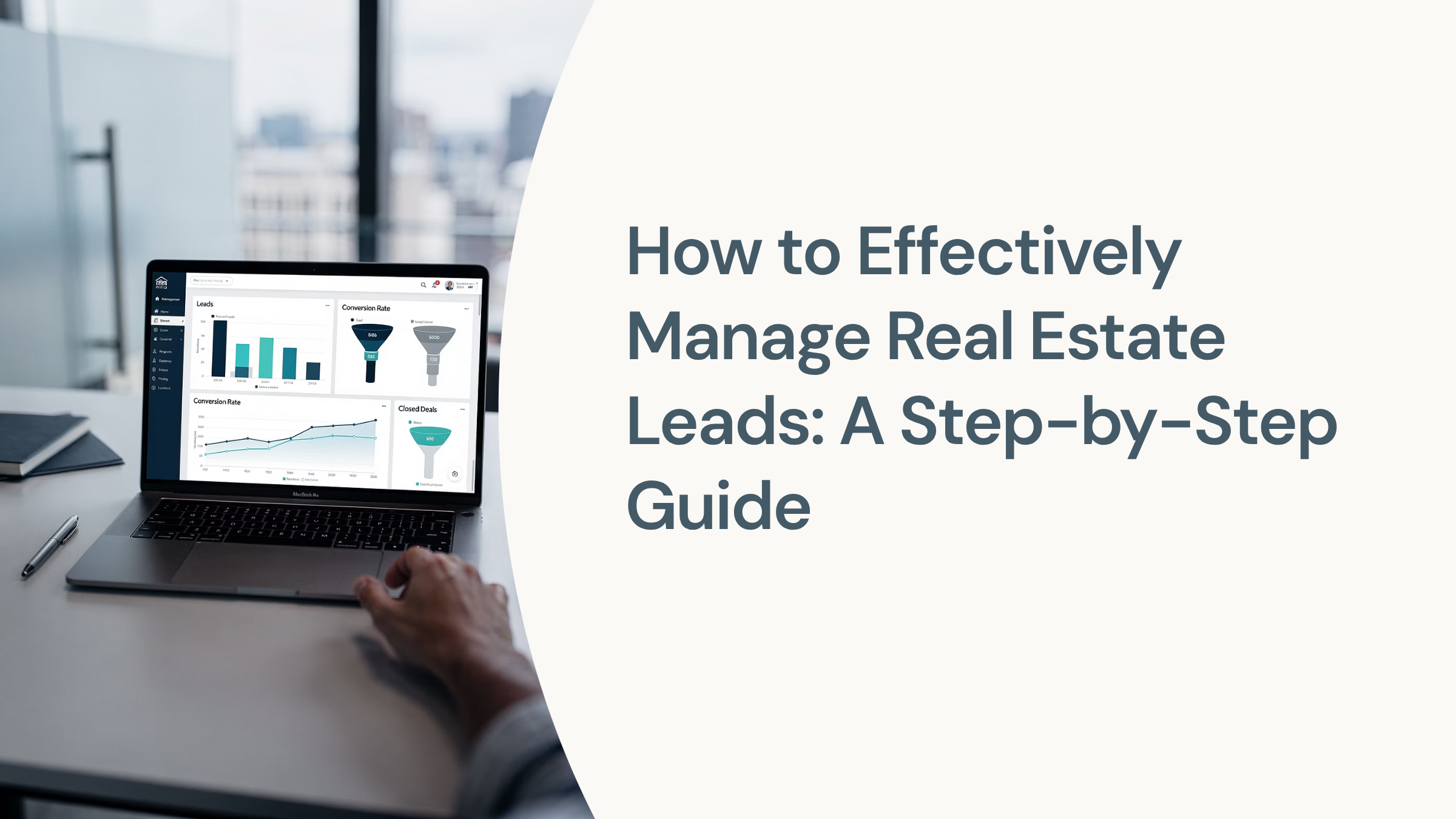 Professional real estate lead management workspace with organized documents and analytics dashboard on modern office desk