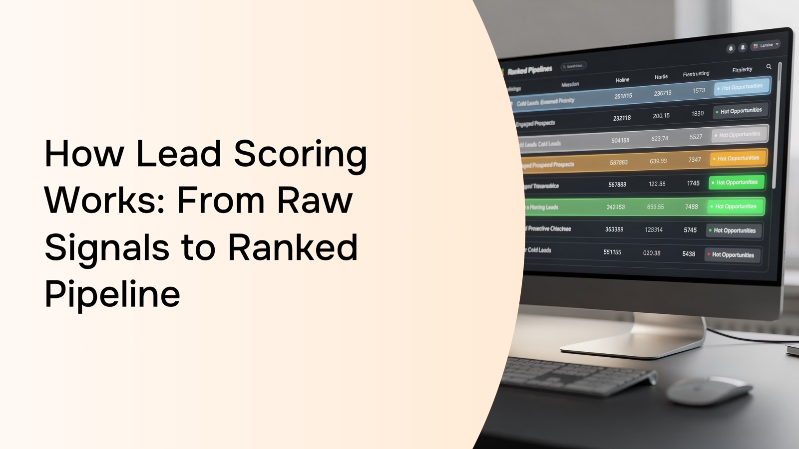Abstract 3D data pipeline visualization representing lead scoring stages and ranked progression