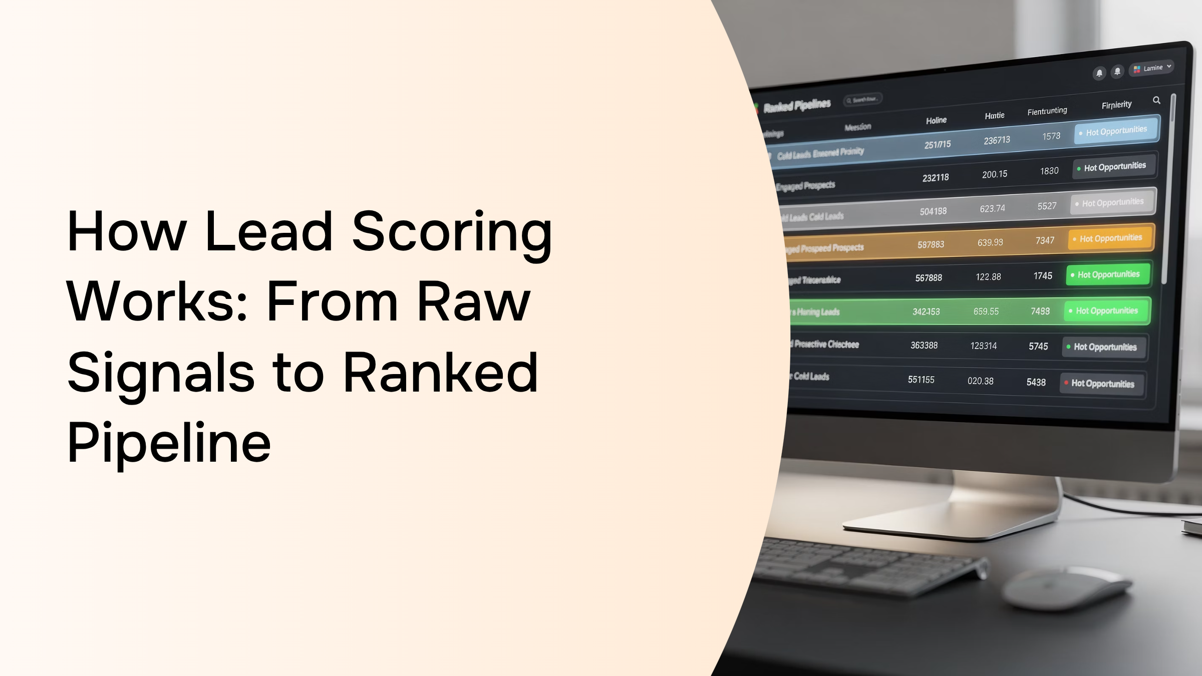 Abstract 3D data pipeline visualization representing lead scoring stages and ranked progression