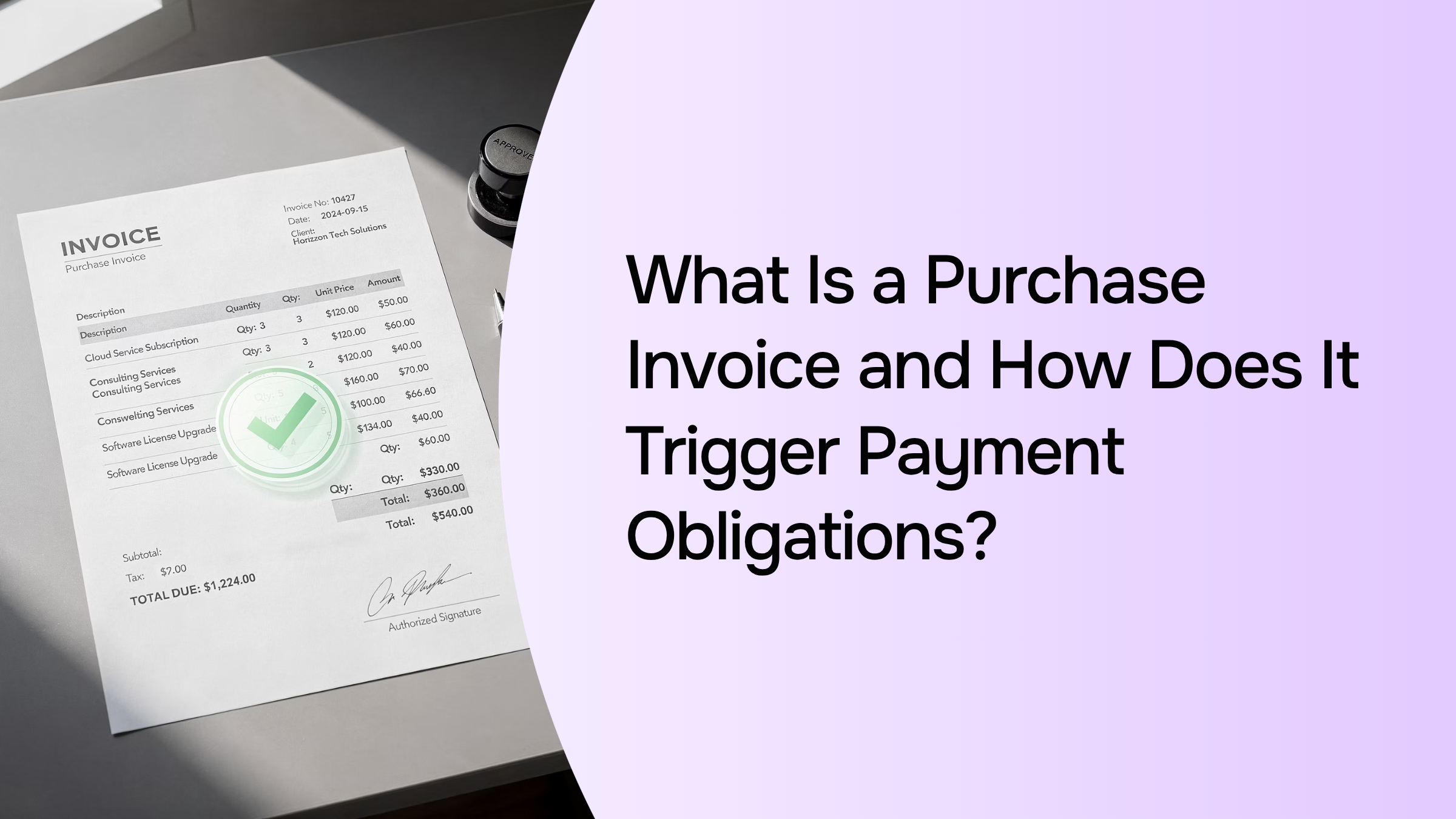 Professional desk with printed purchase invoice and pen under natural light, representing payment obligations and business finance