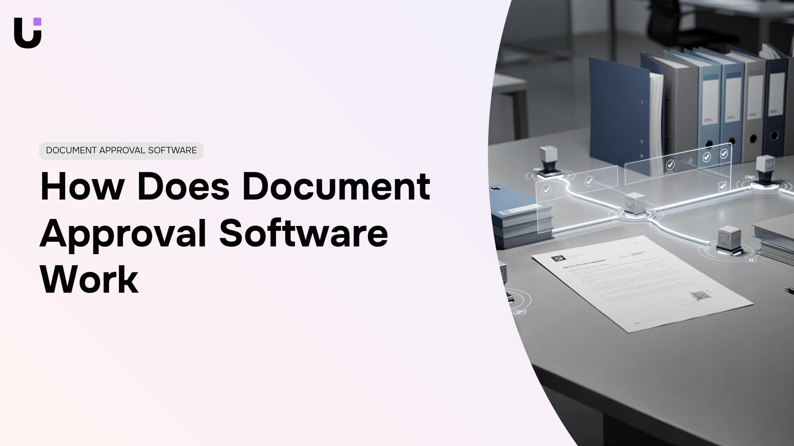 Modern office workspace showing laptop with document approval workflow interface and organized digital management tools