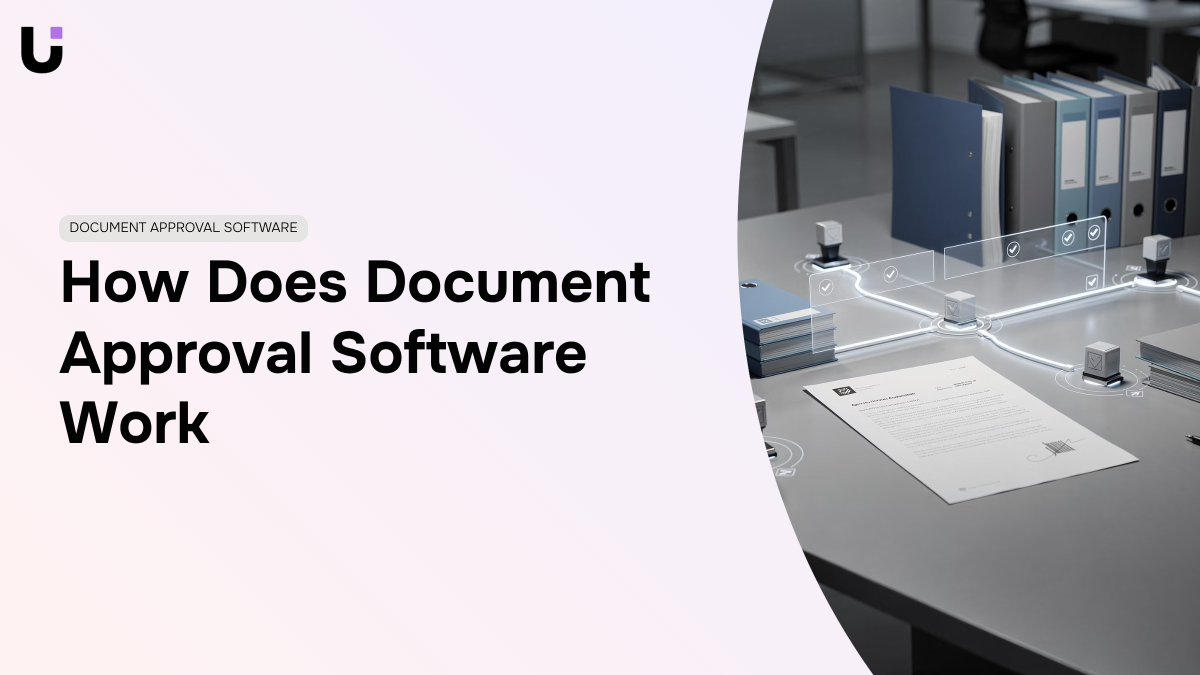 Modern office workspace showing laptop with document approval workflow interface and organized digital management tools