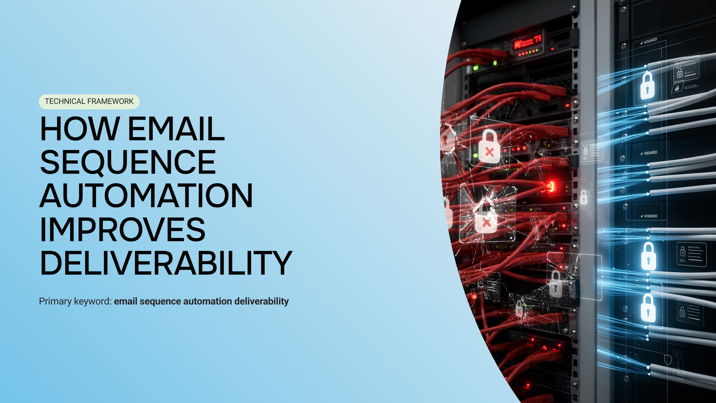 Digital email automation workflow with interconnected nodes and data streams representing email sequence deliverability optimization