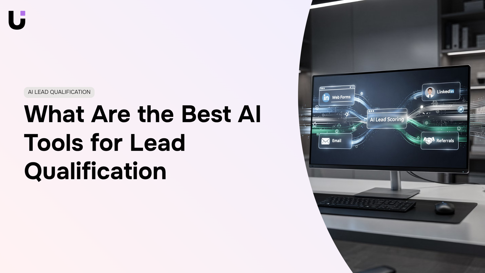 Modern digital workspace with AI analytics dashboard and lead qualification visualizations in professional blue and gray tones