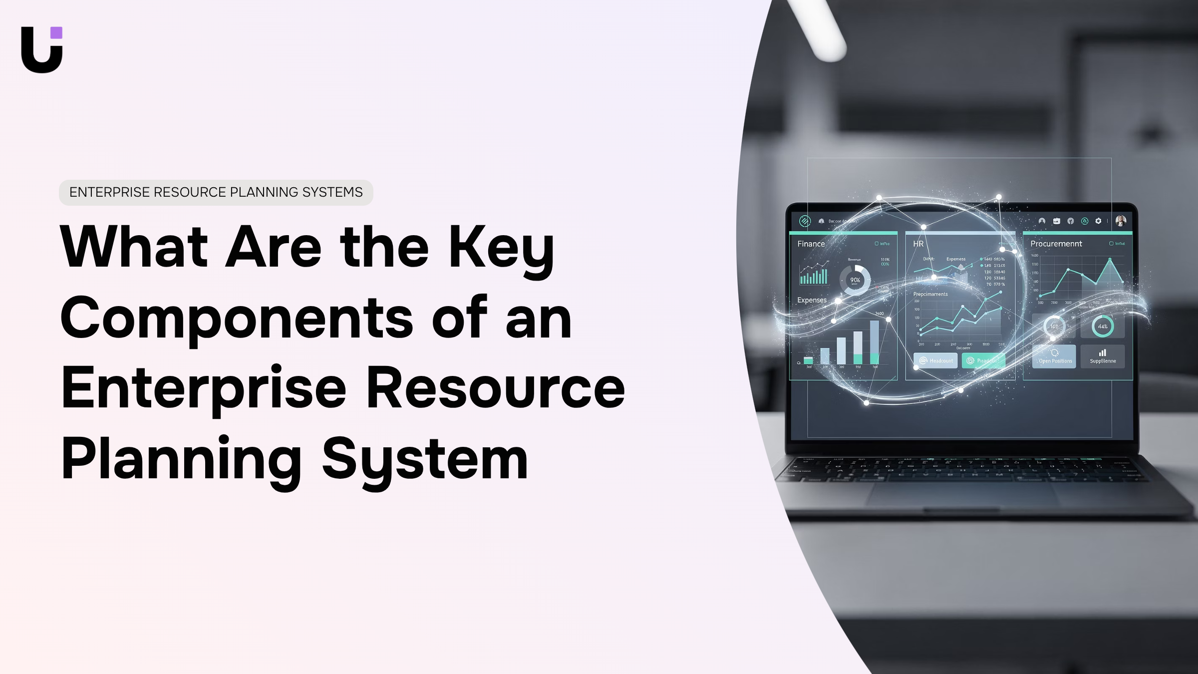 Abstract 3D visualization of interconnected ERP system modules with digital data flow and professional dashboard interface
