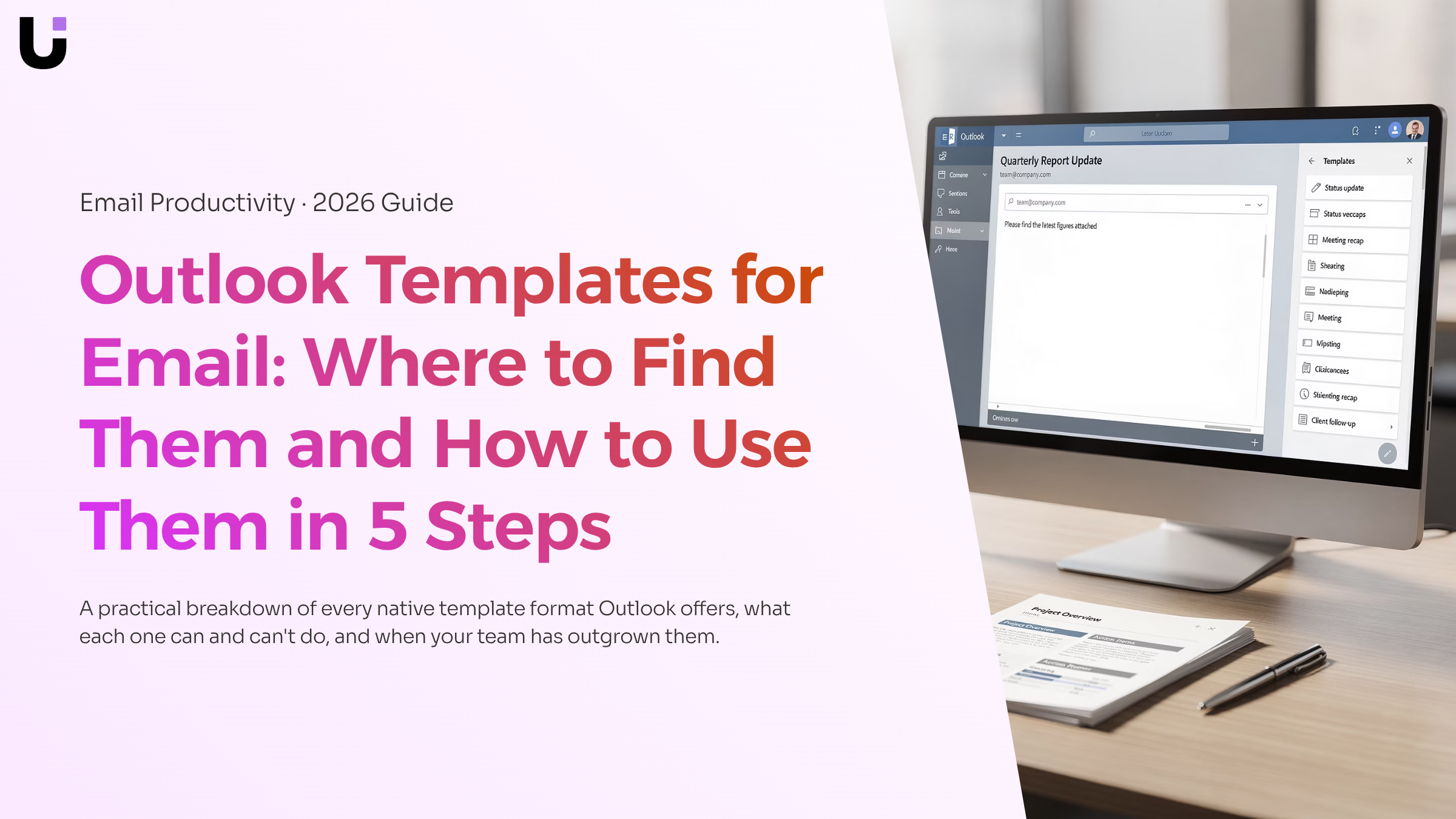 Professional desktop showing email template interface on laptop screen with organized layout and office supplies