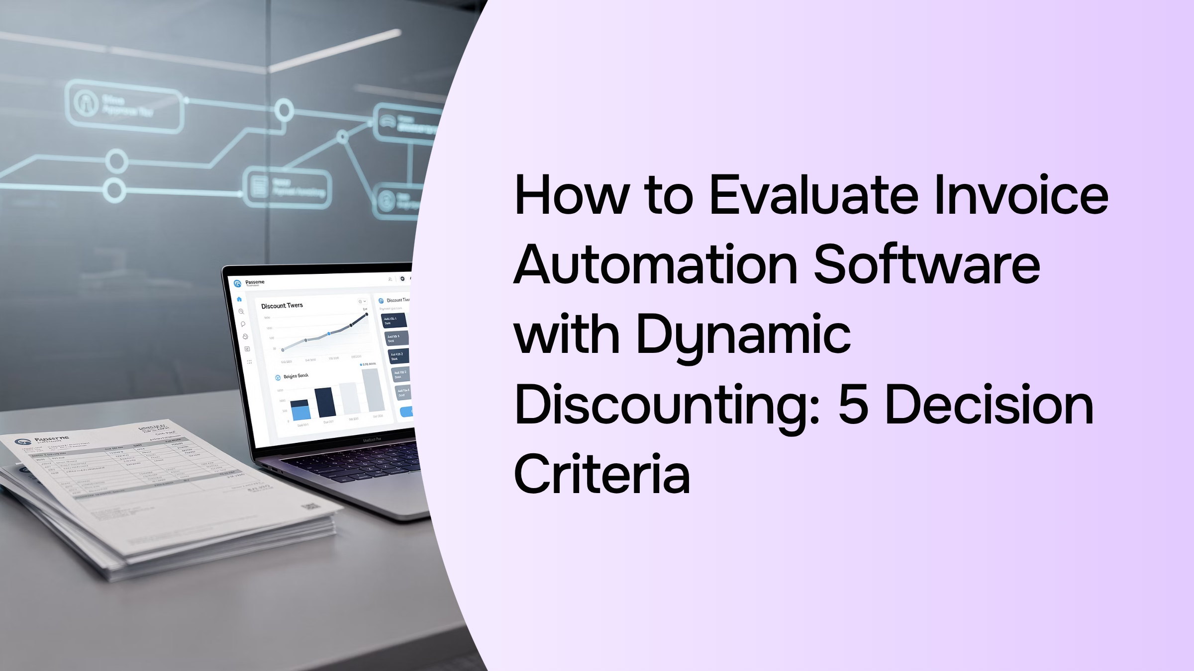 Professional 3D render of digital invoice automation interface with dynamic data flow and metrics on modern corporate desk