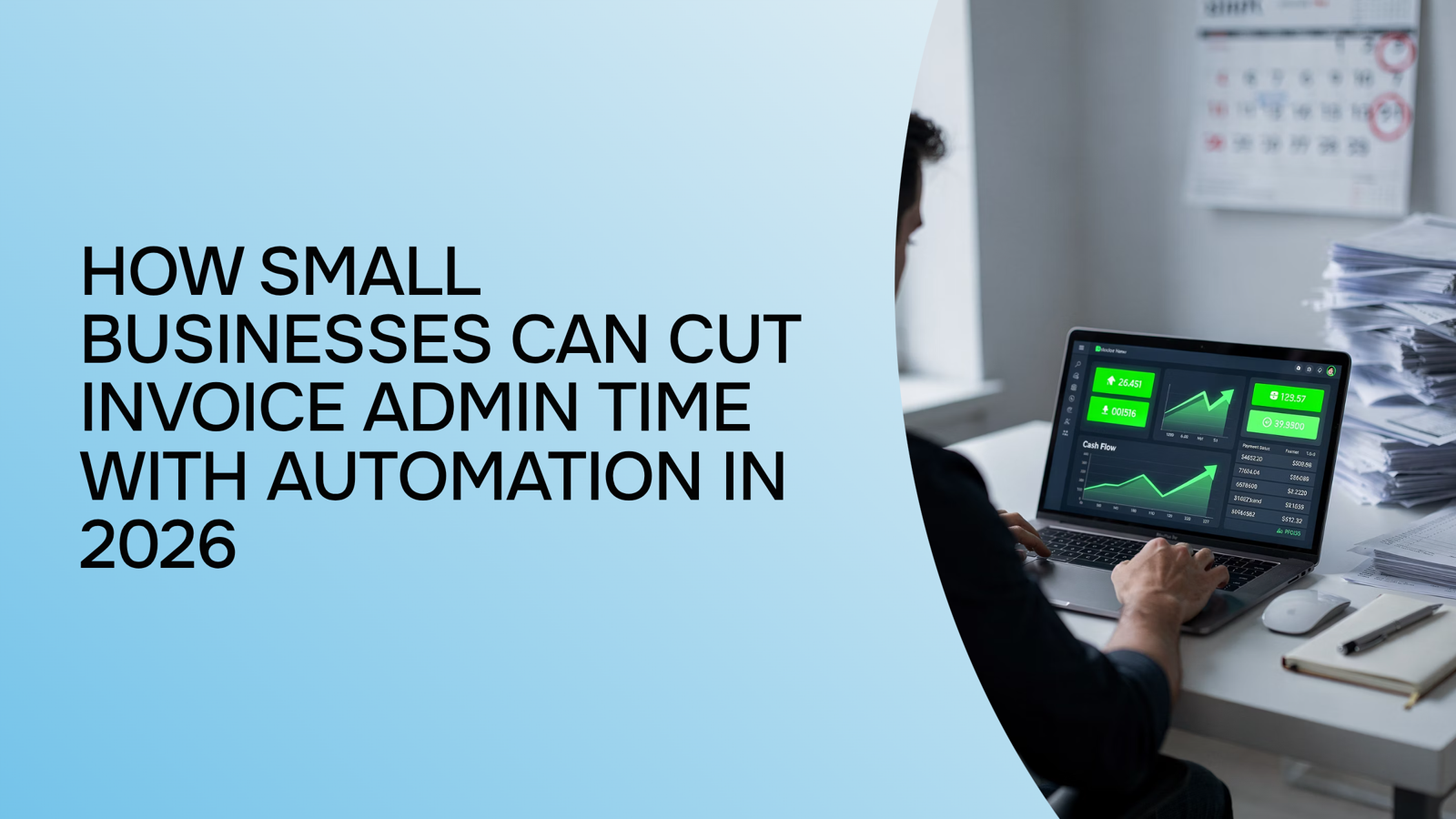 Modern desk workspace with laptop showing automated invoice dashboard, representing small business invoicing automation and admin efficiency