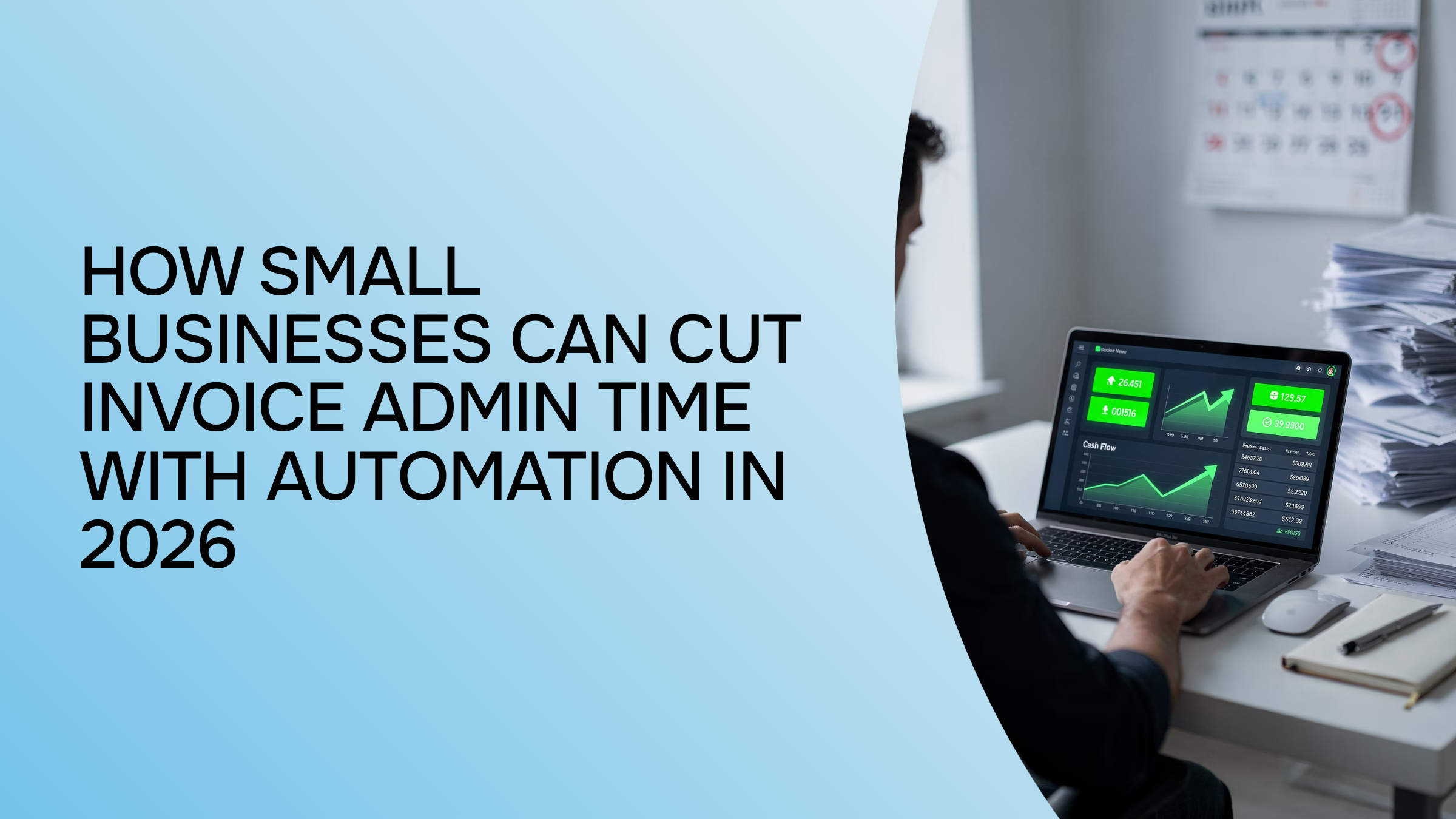 Modern desk workspace with laptop showing automated invoice dashboard, representing small business invoicing automation and admin efficiency