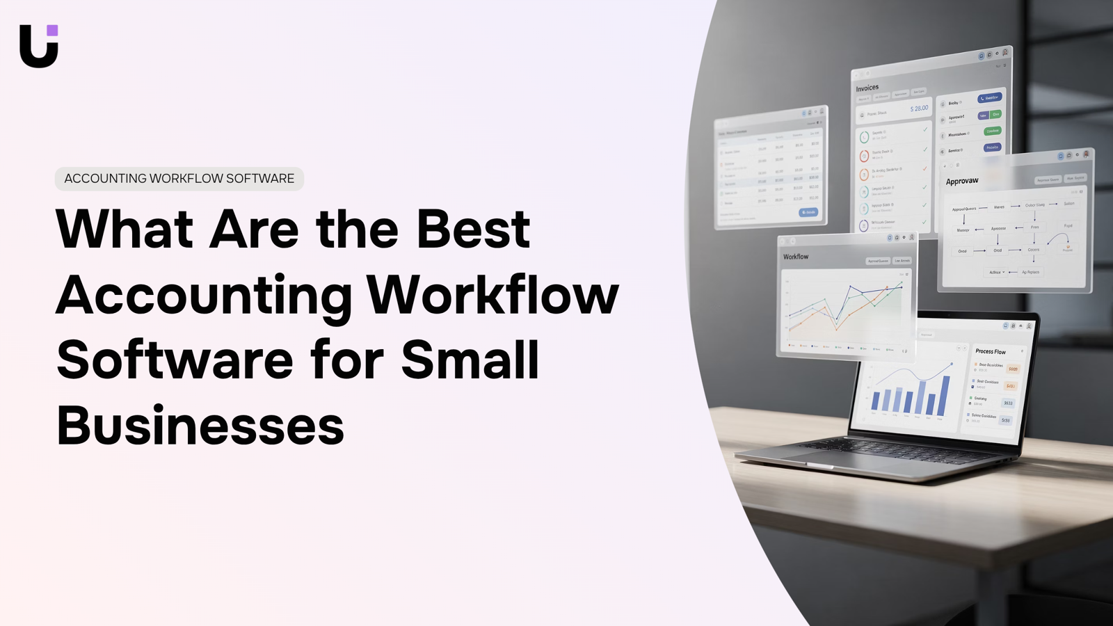 Modern accounting workspace with laptop, financial dashboards, and organized documents on clean desk