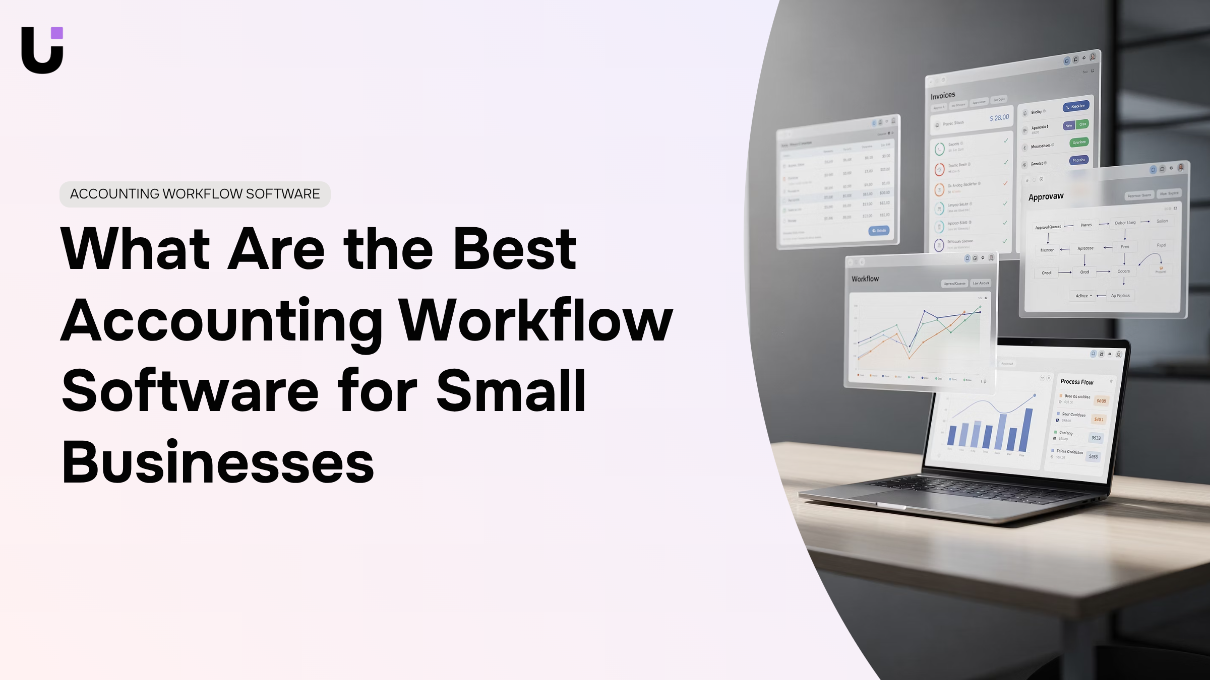 Modern accounting workspace with laptop, financial dashboards, and organized documents on clean desk