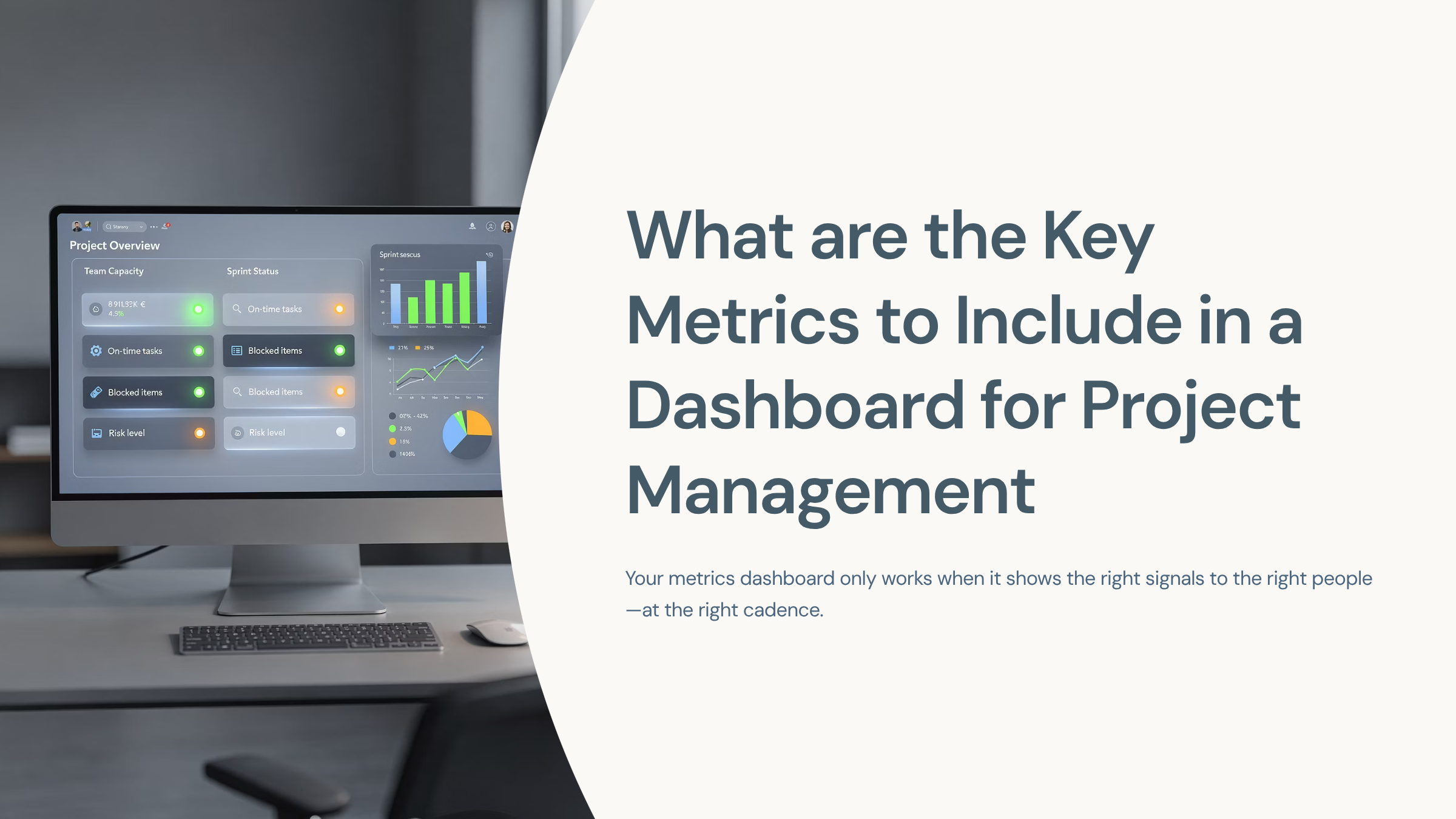 Modern project management metrics dashboard with data visualizations, KPI tiles, and charts in professional blue and gray tones