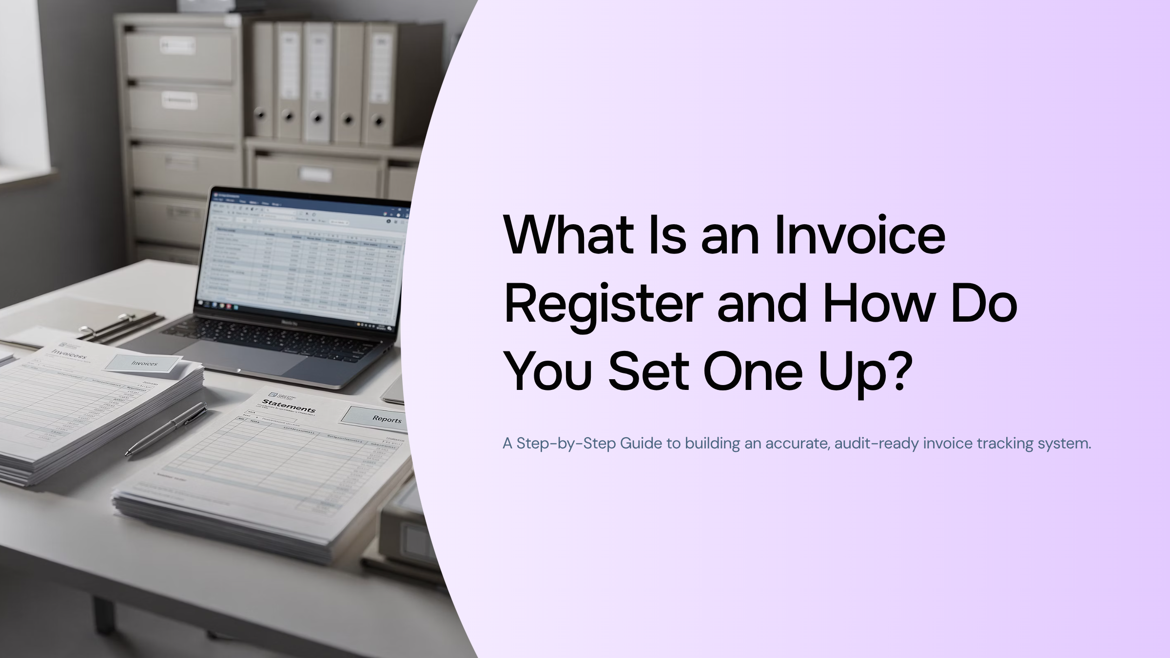 Organized invoice register setup on modern office desk with laptop and financial documents
