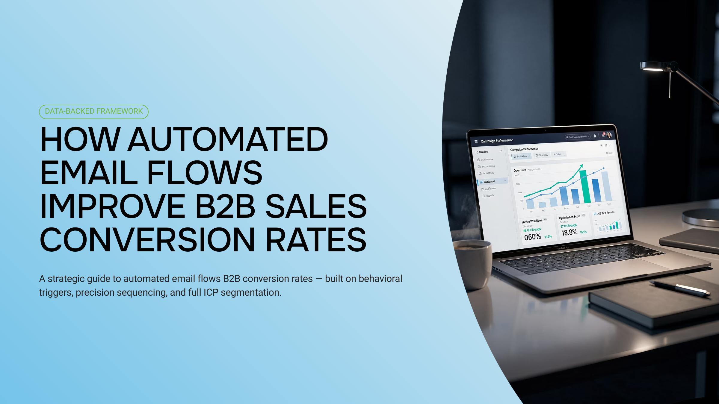 Abstract 3D visualization of automated email conversion funnel with flowing data streams in navy and silver