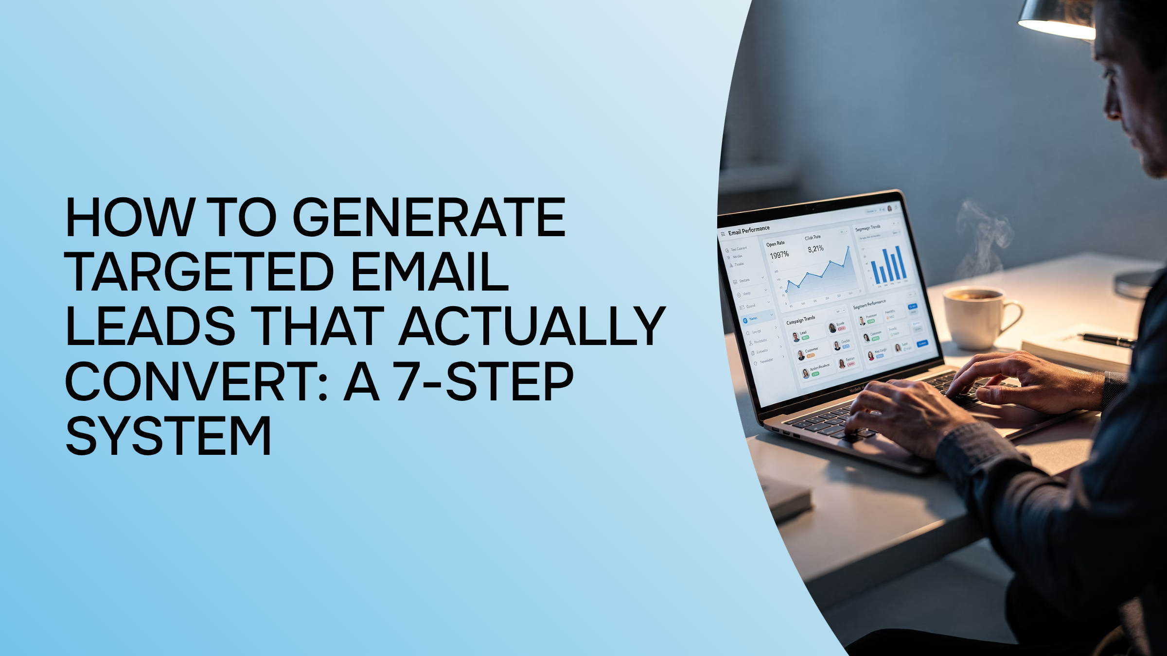 Modern workspace with laptop showing email marketing dashboard and data visualizations for targeted lead generation