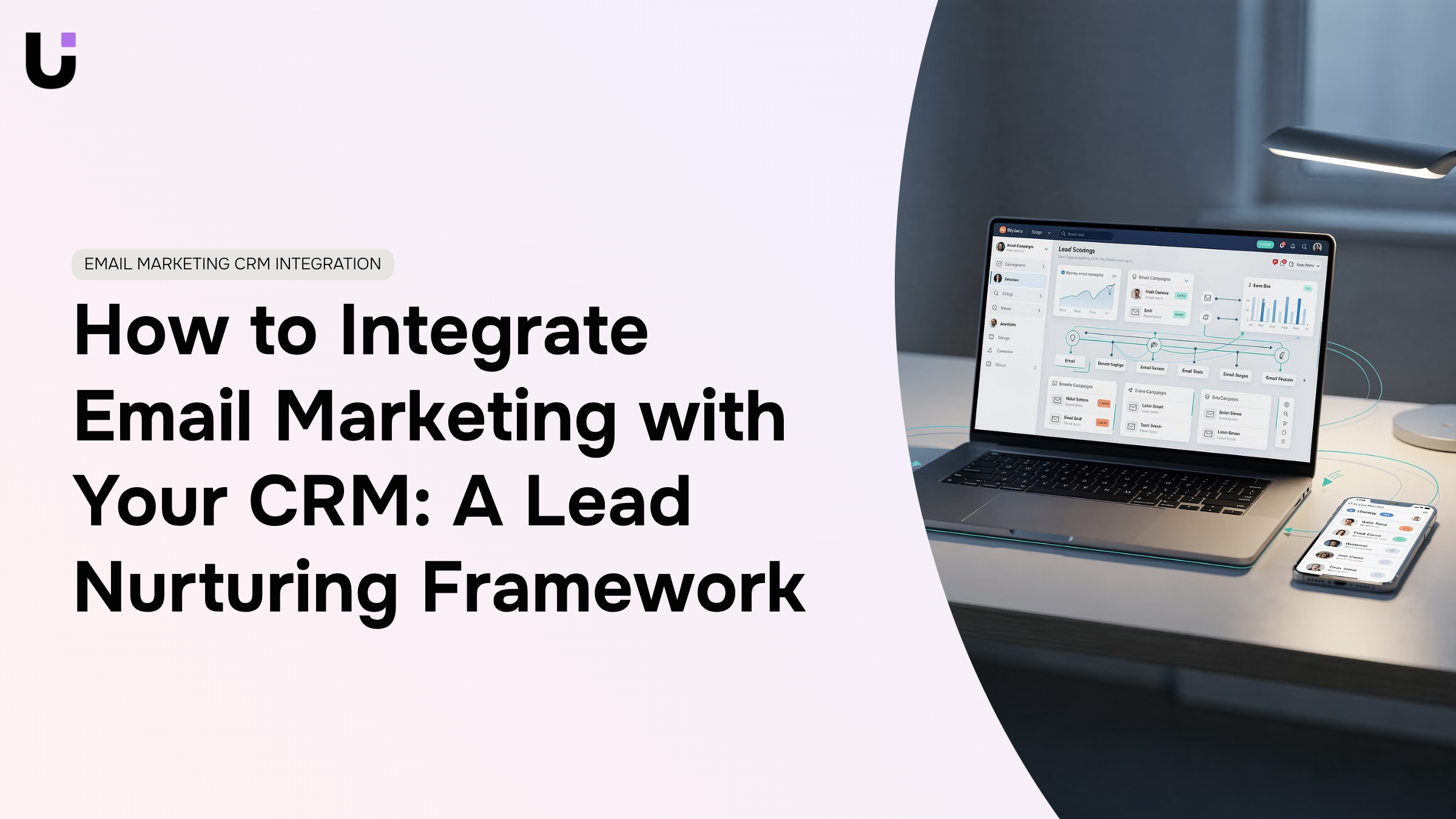 Modern digital workspace showing email marketing and CRM integration with data flow visualization