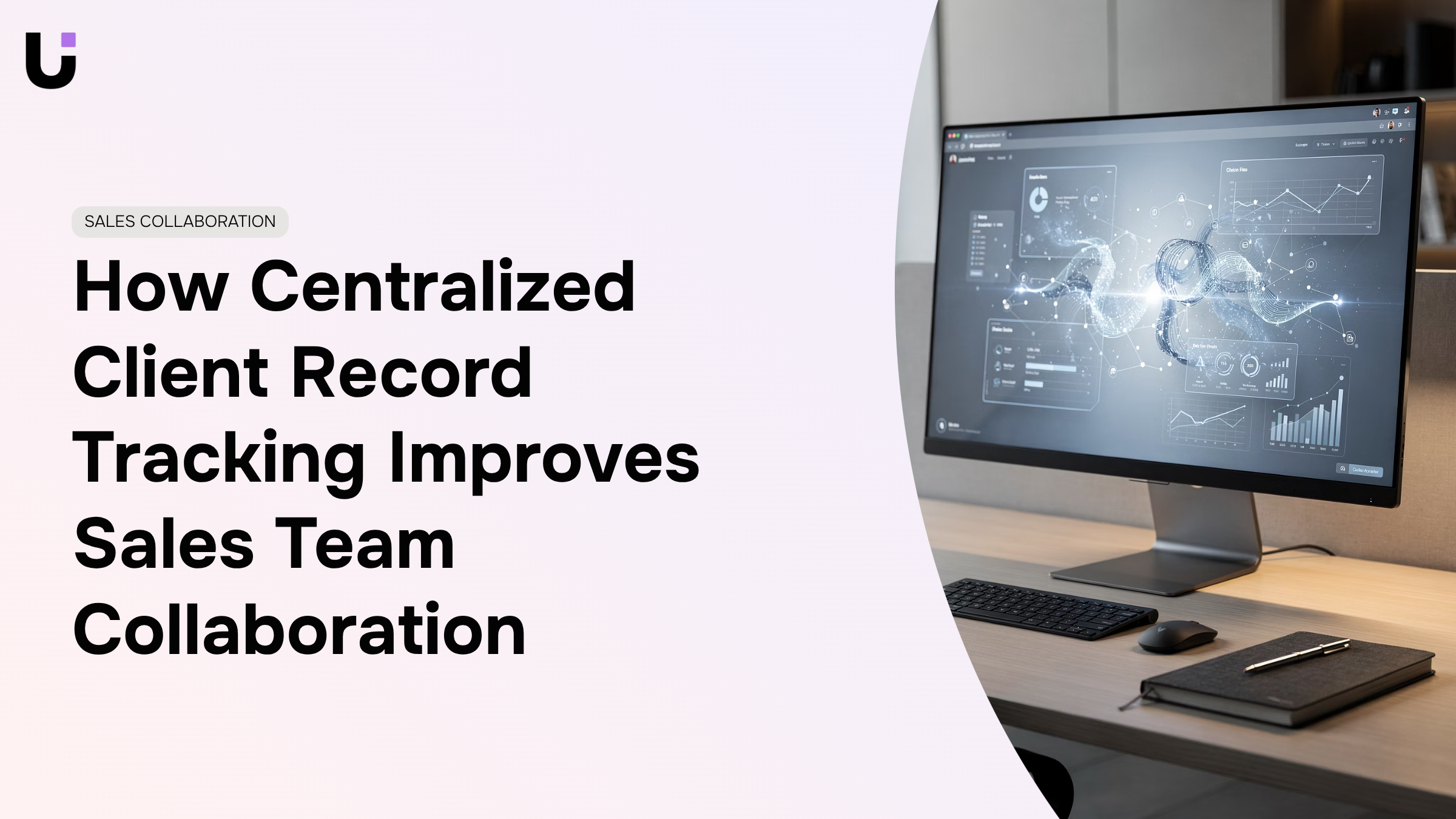 Digital dashboard showing interconnected client records with blue accents, representing sales team collaboration