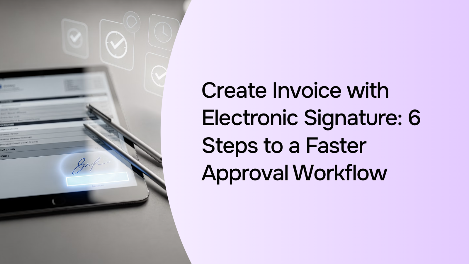 Digital tablet with electronic signature interface on modern desk, representing fast invoice approval workflow