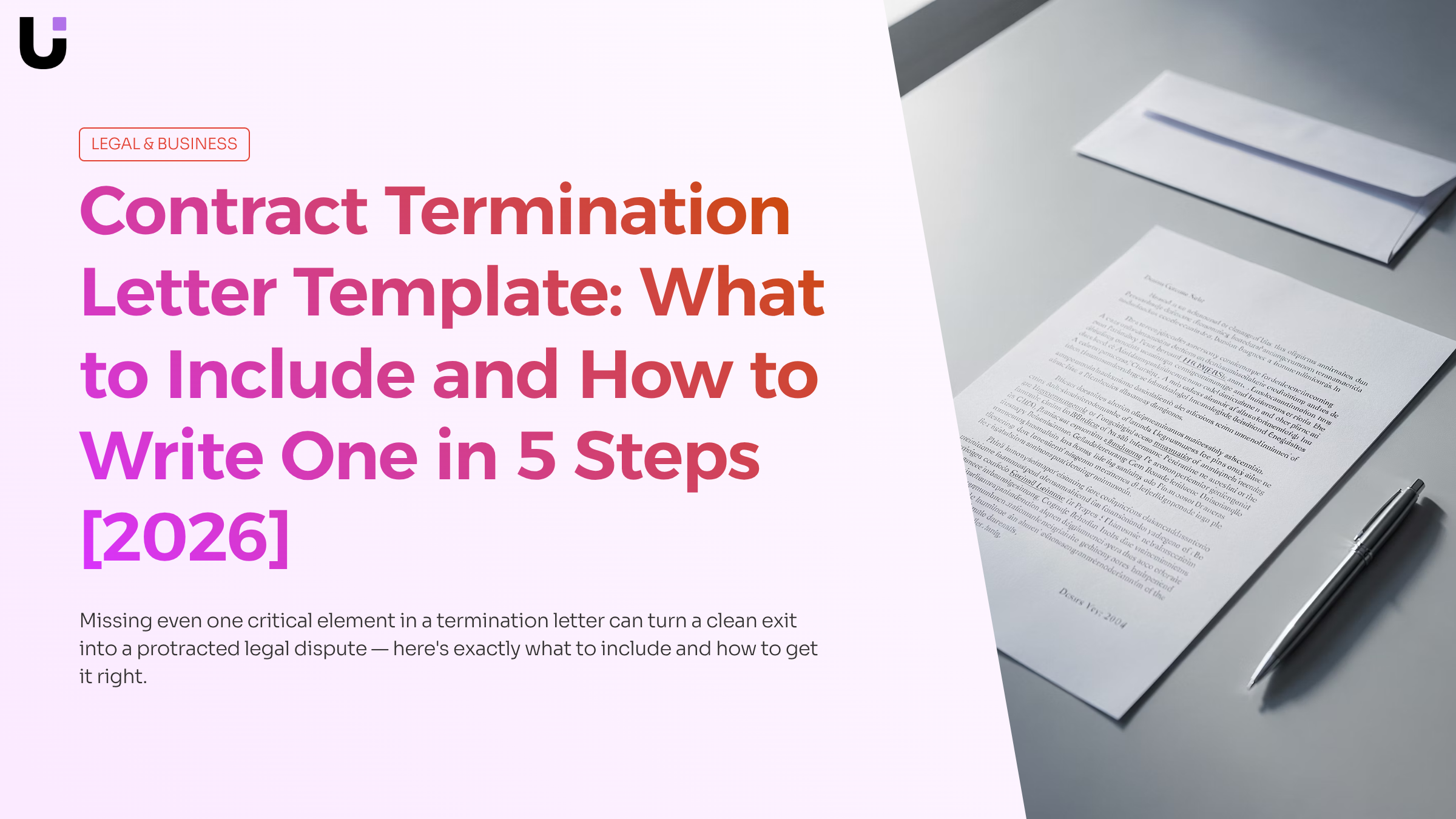 Professional contract termination letter template on desk with pen and folder in modern office workspace