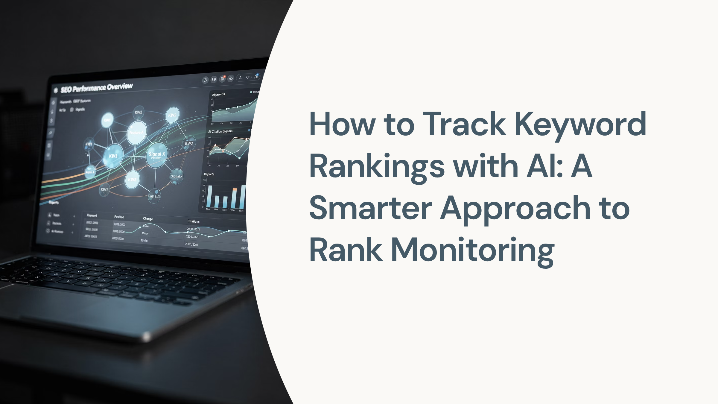 Digital dashboard with upward-trending keyword analytics and AI-powered monitoring visualizations