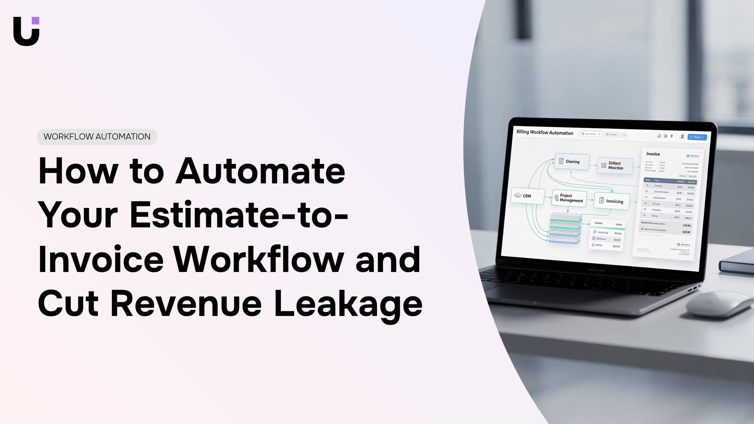Digital workflow dashboard showing automated estimate-to-invoice process with connected stages and professional blue accents